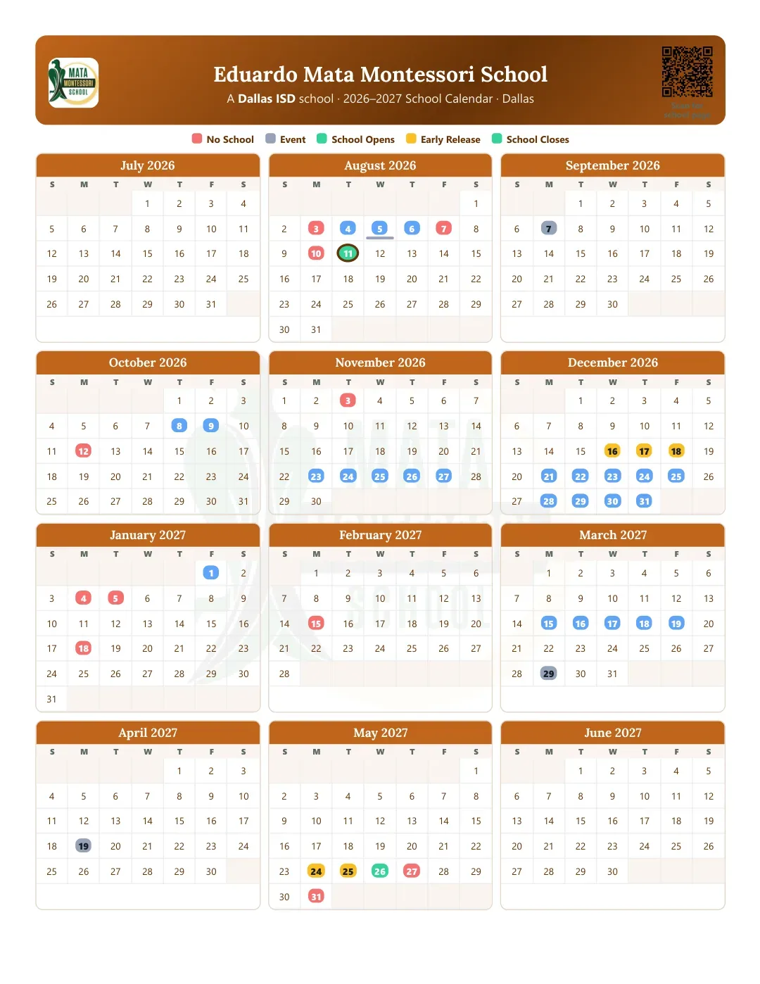 Eduardo Mata Montessori School Calendar for the Year 26-27