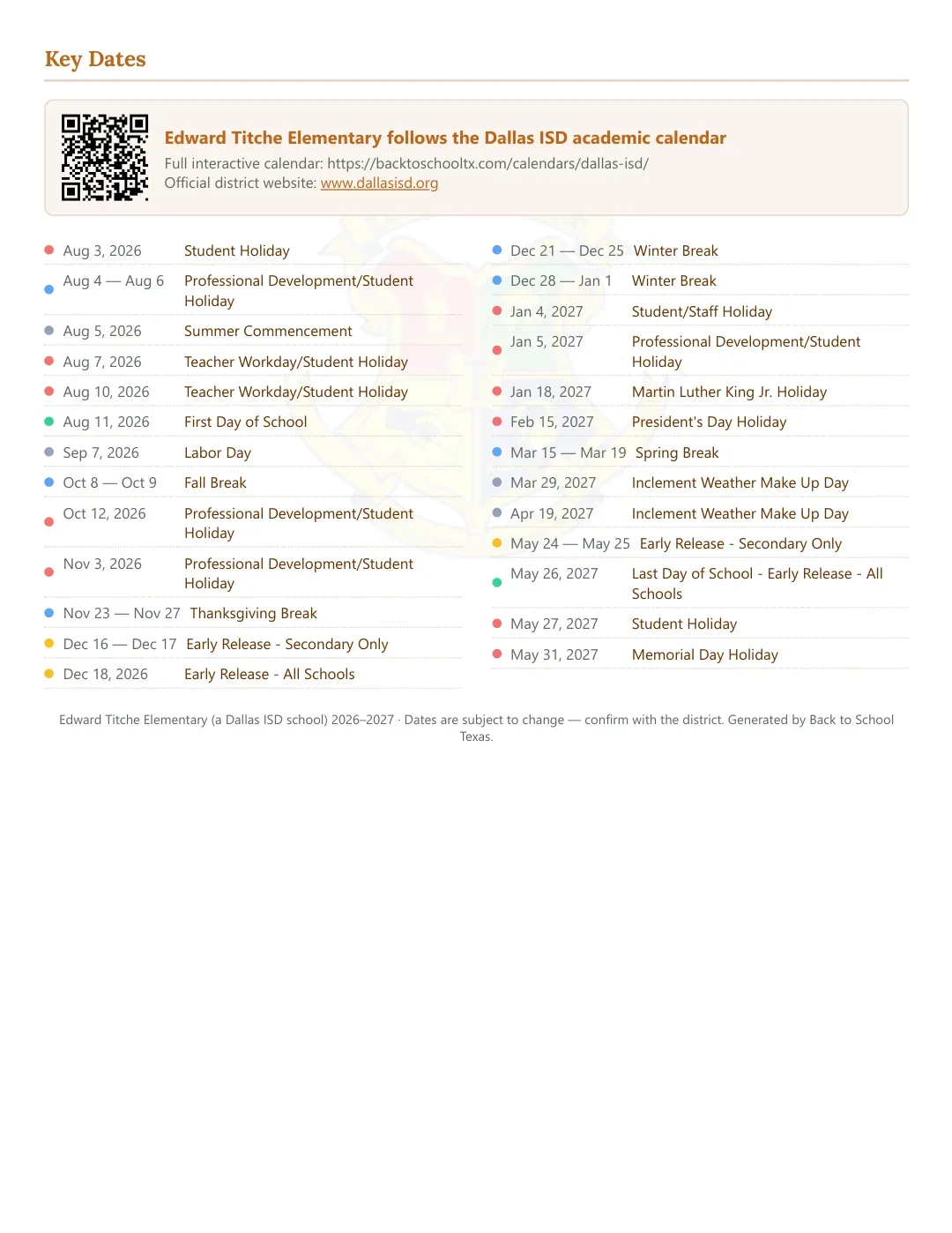 Edward Titche Elementary Calendar for the Year 26-27 — key dates