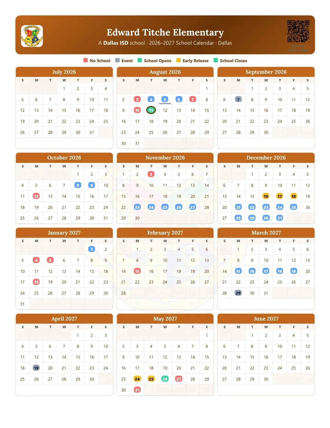 Edward Titche Elementary Calendar for the Year 26-27