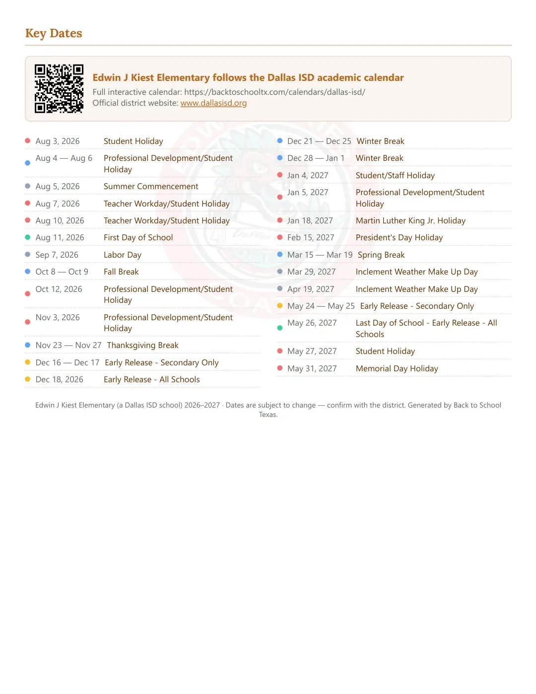 Edwin J Kiest Elementary Calendar for the Year 26-27 — key dates