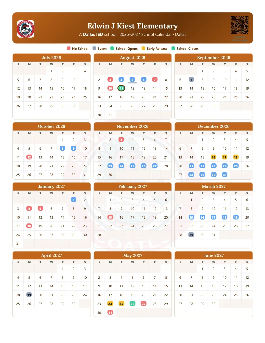 Edwin J Kiest Elementary Calendar for the Year 26-27