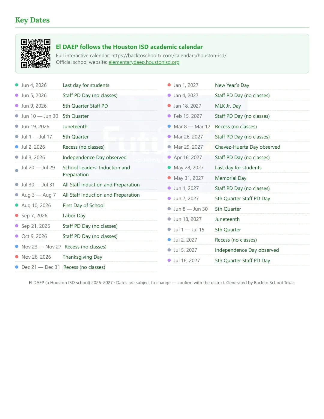 El DAEP Calendar for the Year 26-27 — key dates