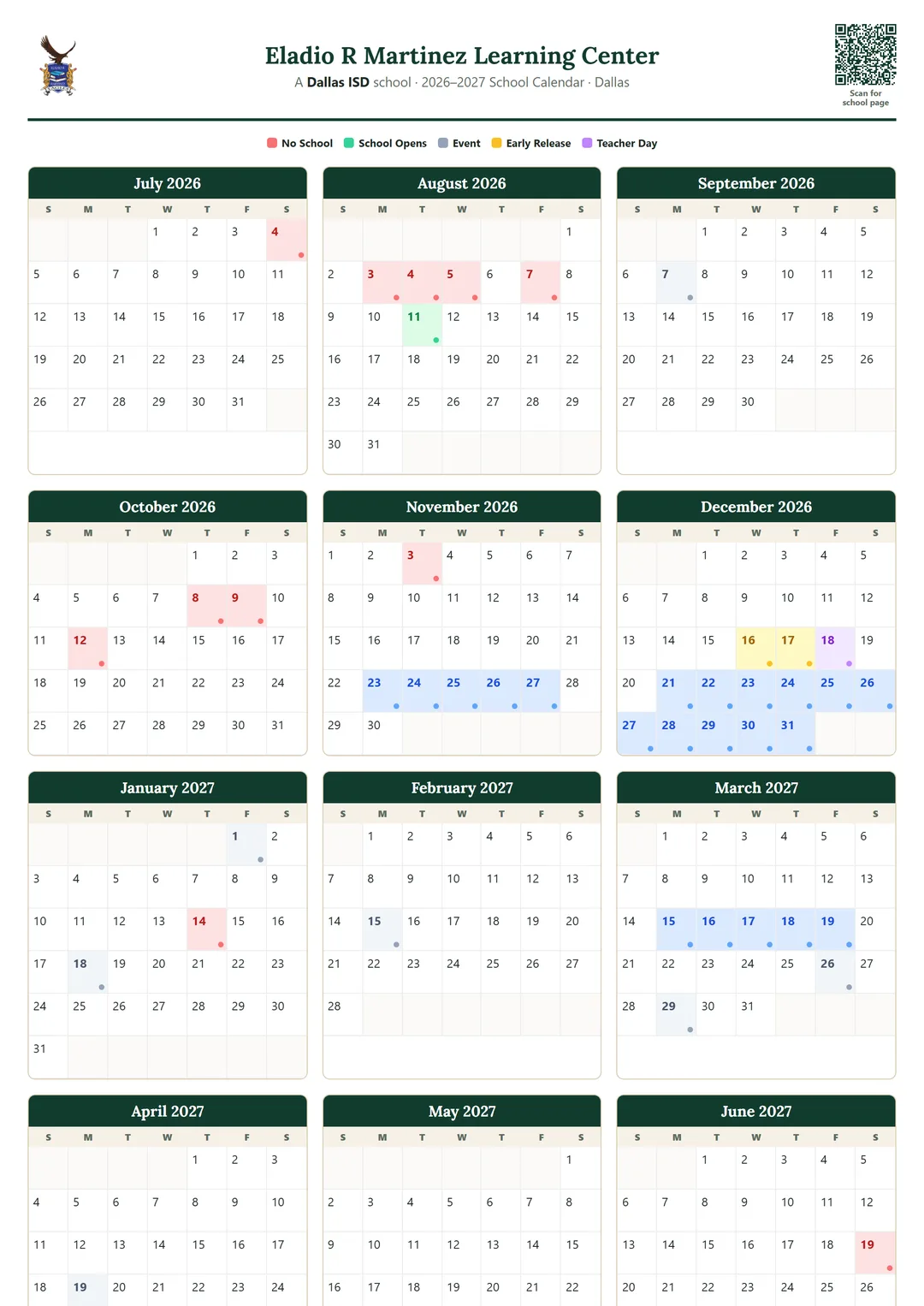 Eladio R Martinez Learning Center printable 2026–2027 calendar