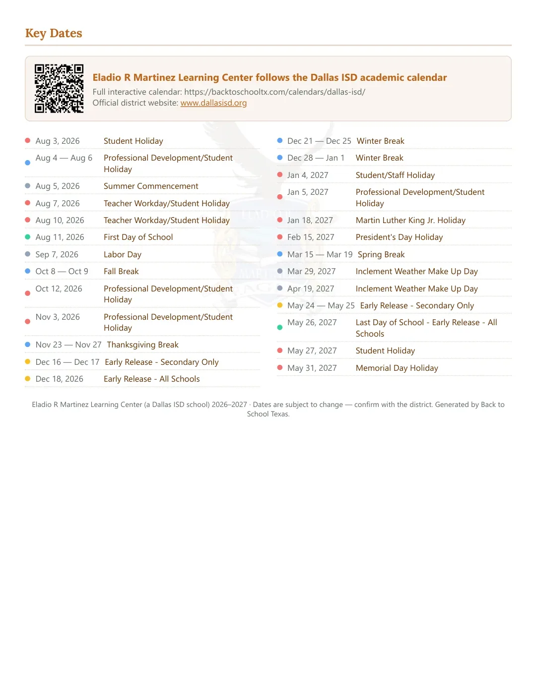 Eladio R Martinez Learning Center Calendar for the Year 26-27 — key dates