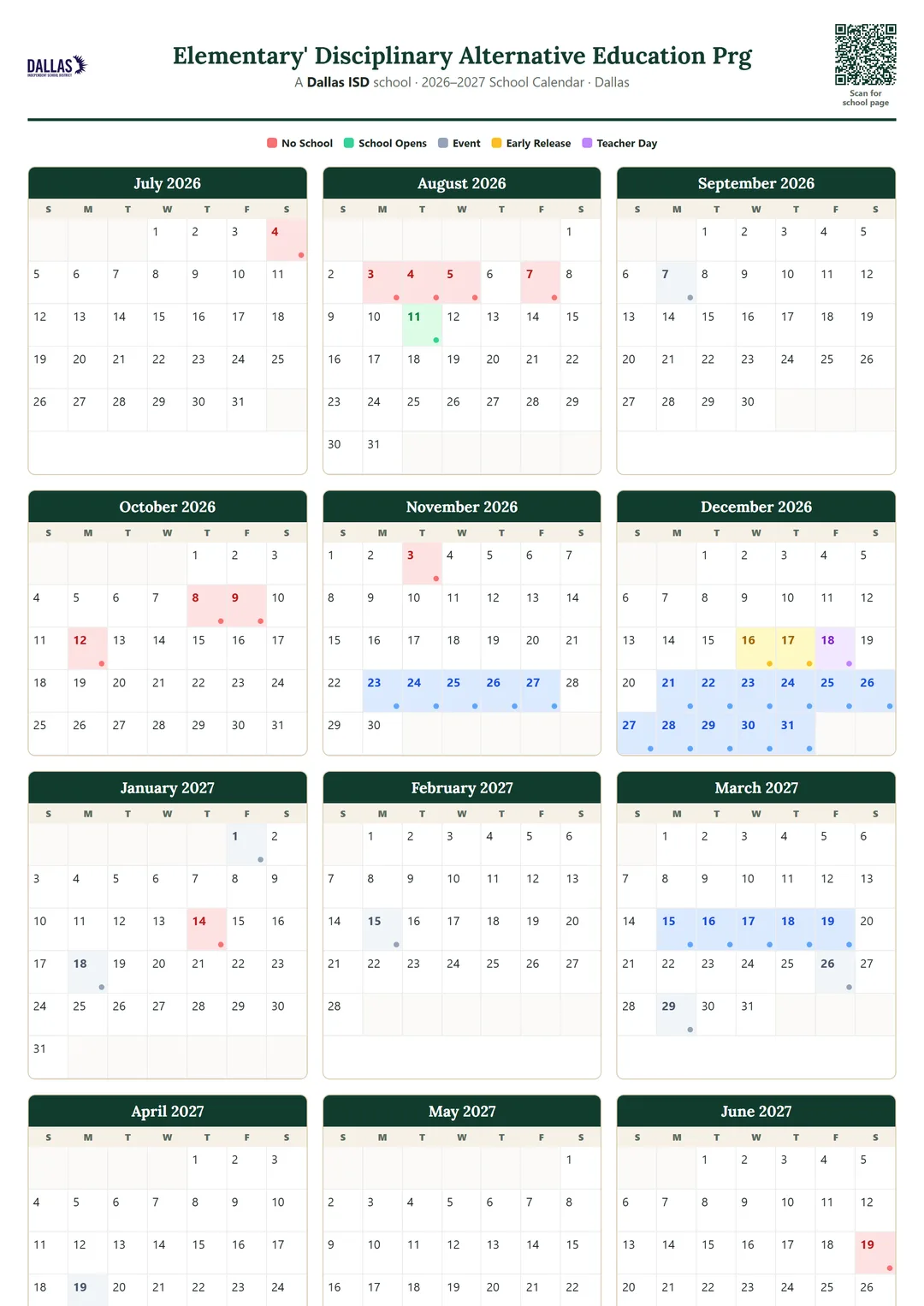 Elementary' Disciplinary Alternative Education Prg printable 2026–2027 calendar