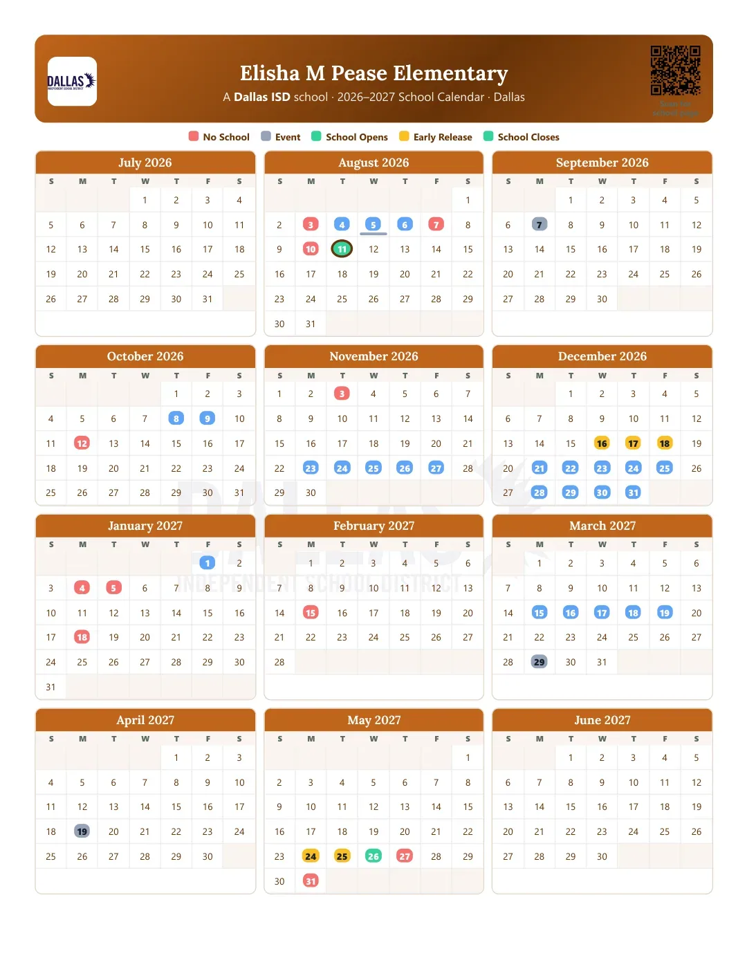 Elisha M Pease Elementary Calendar for the Year 26-27