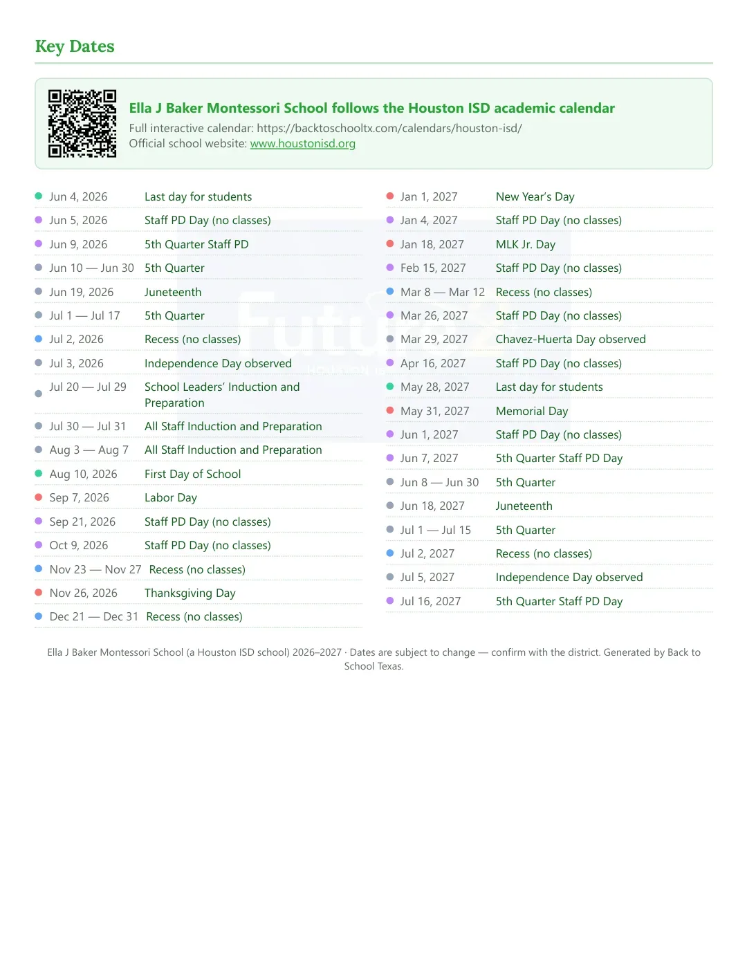 Ella J Baker Montessori School Calendar for the Year 26-27 — key dates