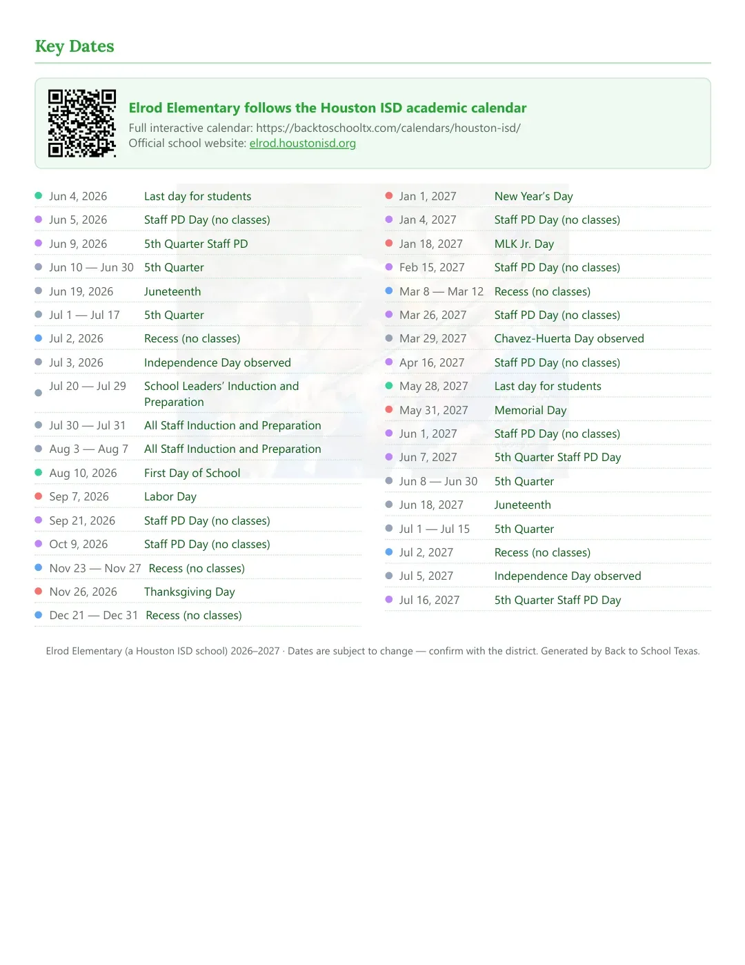 Elrod Elementary Calendar for the Year 26-27 — key dates