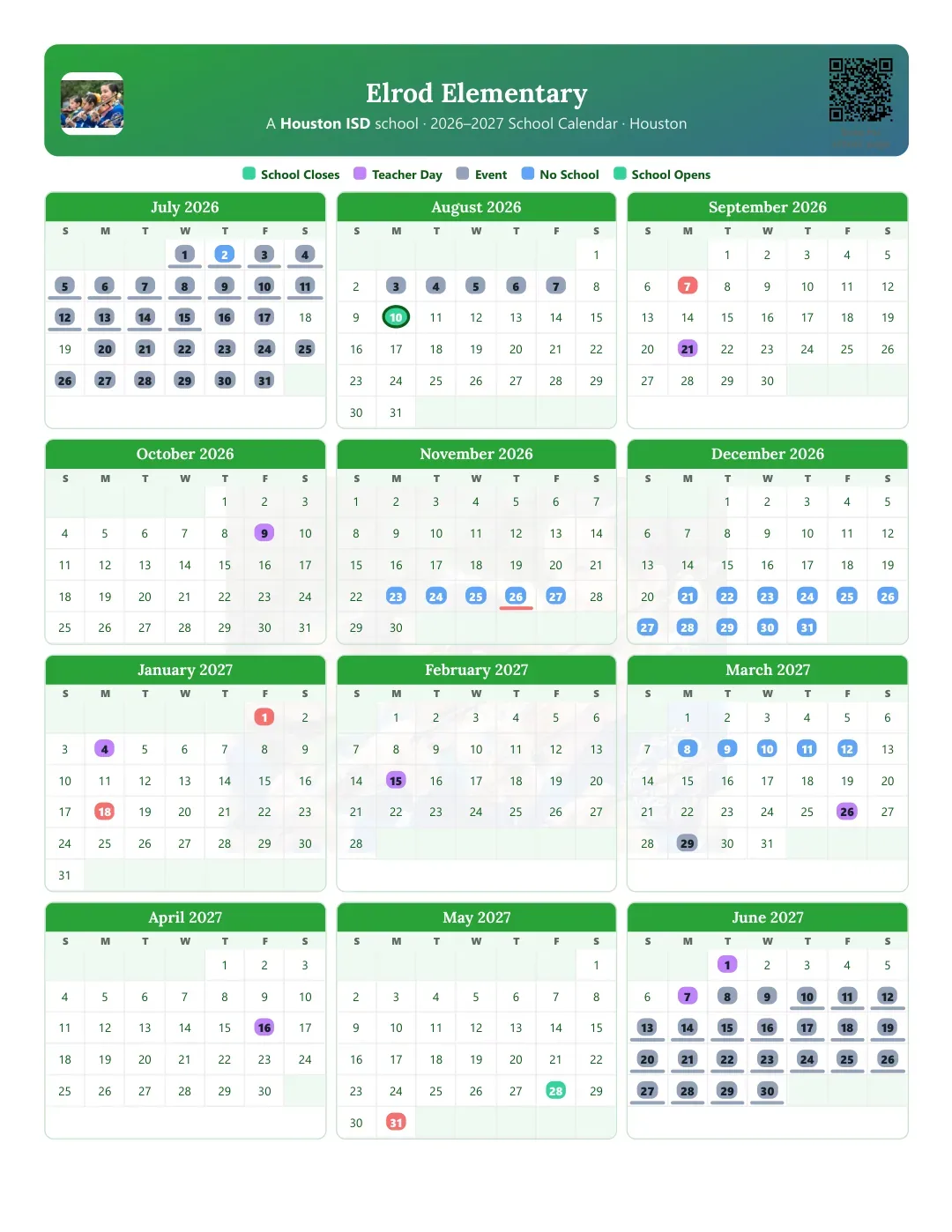 Elrod Elementary Calendar for the Year 26-27