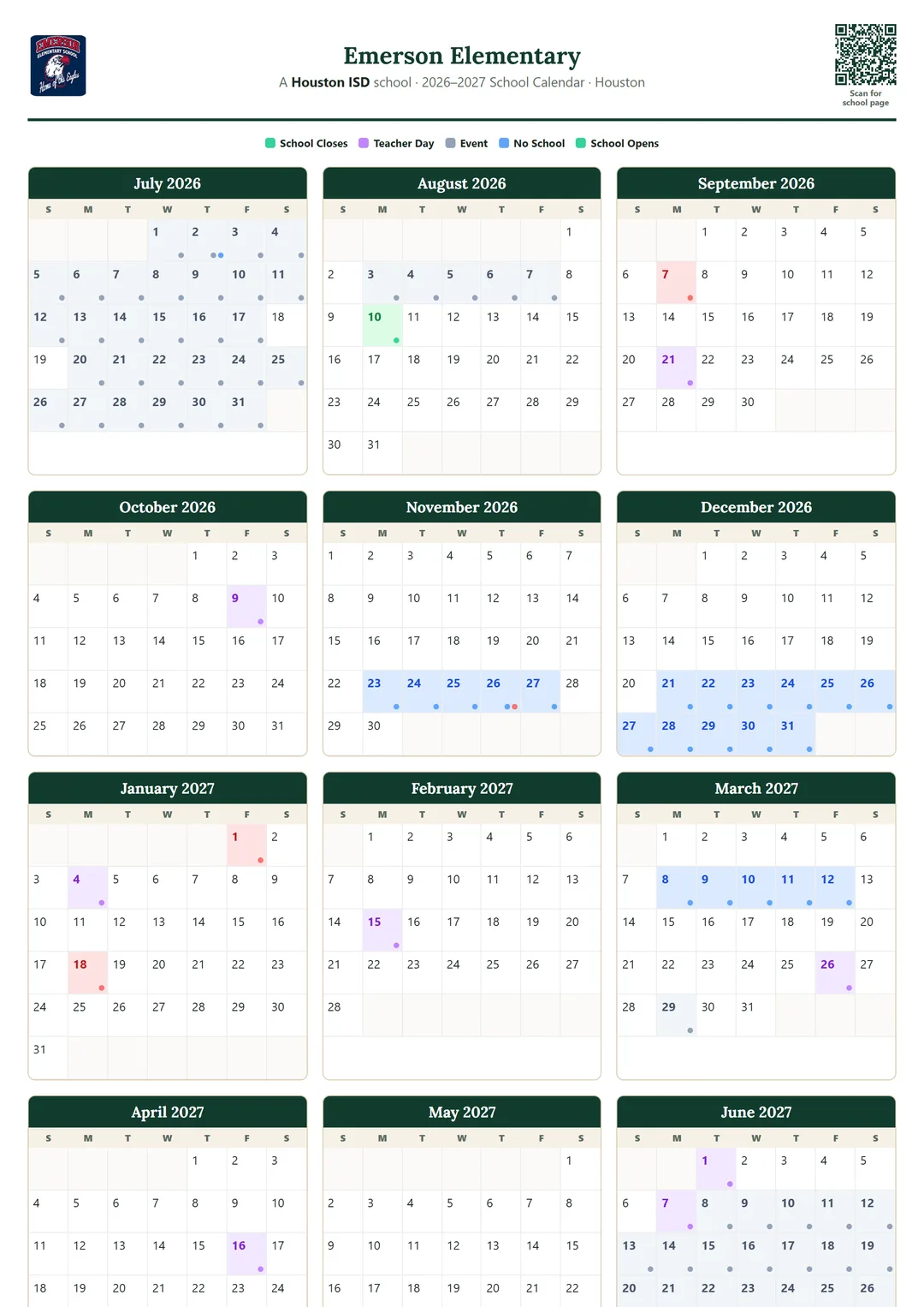 Emerson Elementary printable 2026–2027 calendar