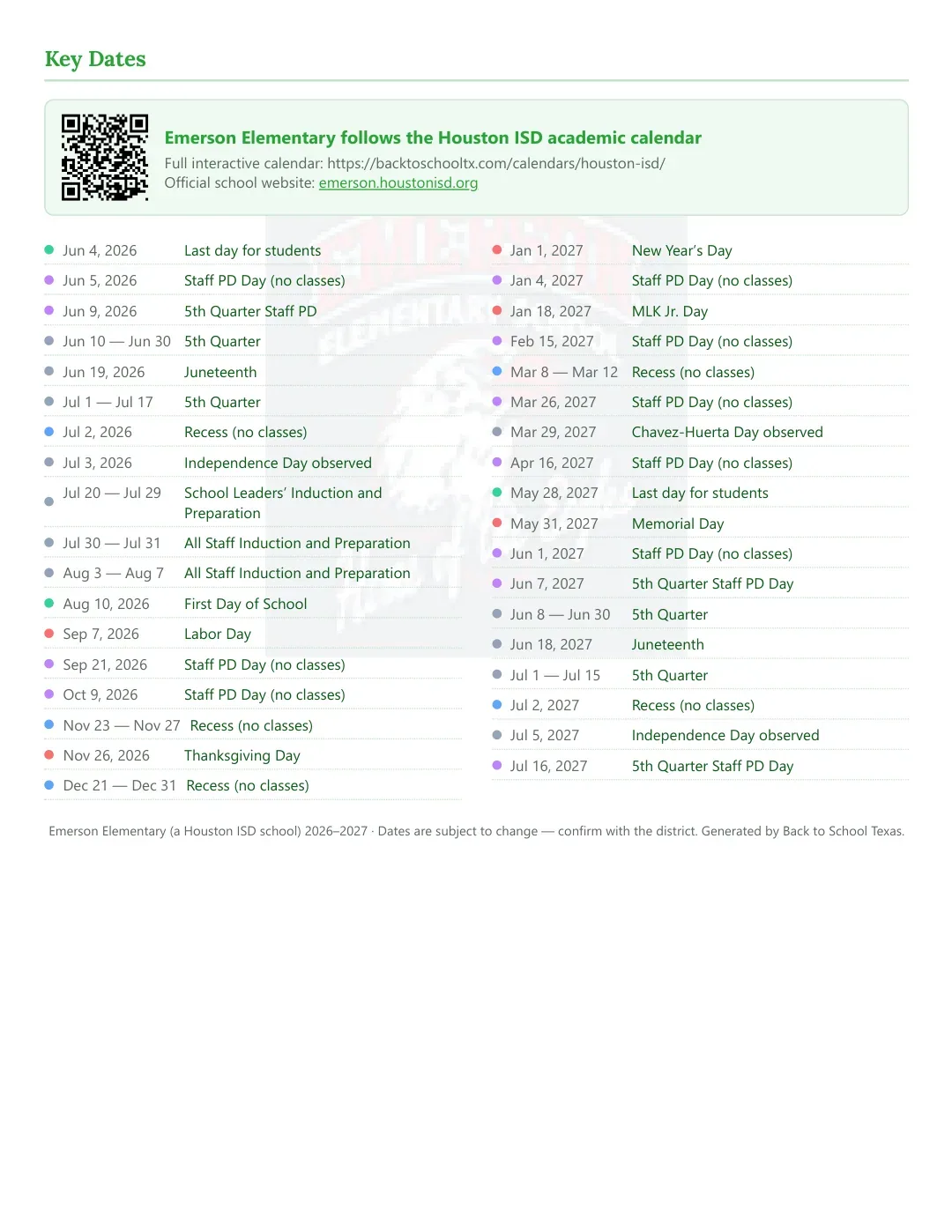 Emerson Elementary Calendar for the Year 26-27 — key dates