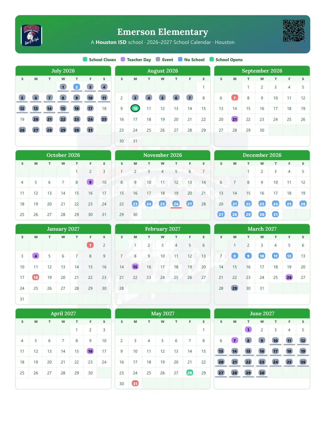 Emerson Elementary Calendar for the Year 26-27