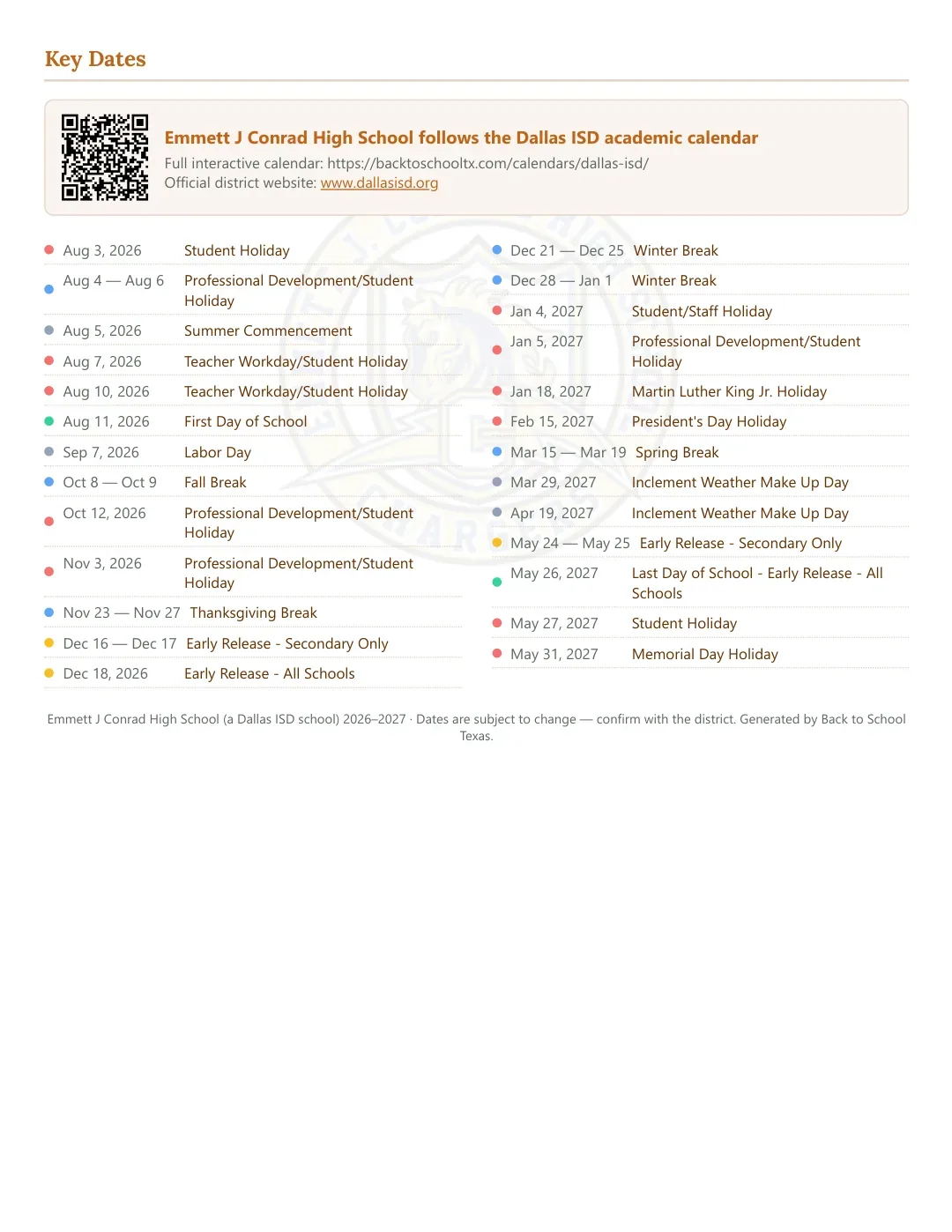 Emmett J Conrad High School Calendar for the Year 26-27 — key dates