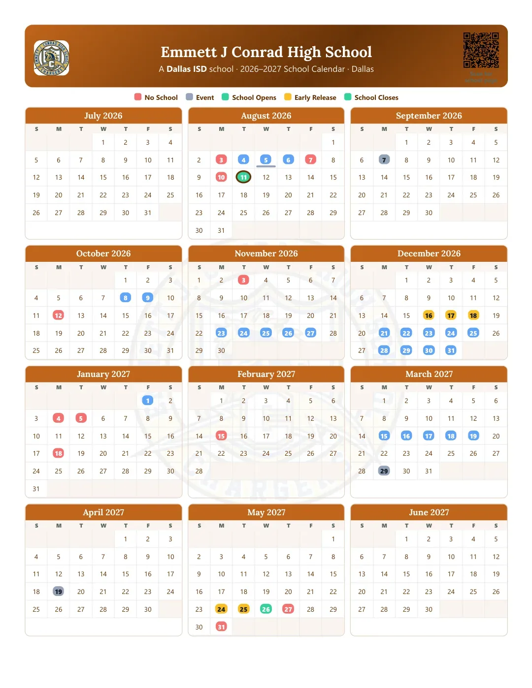 Emmett J Conrad High School Calendar for the Year 26-27