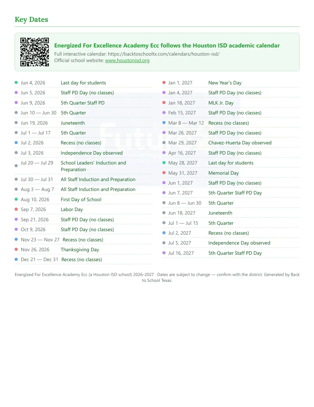 Energized For Excellence Academy Ecc Calendar for the Year 26-27 — key dates