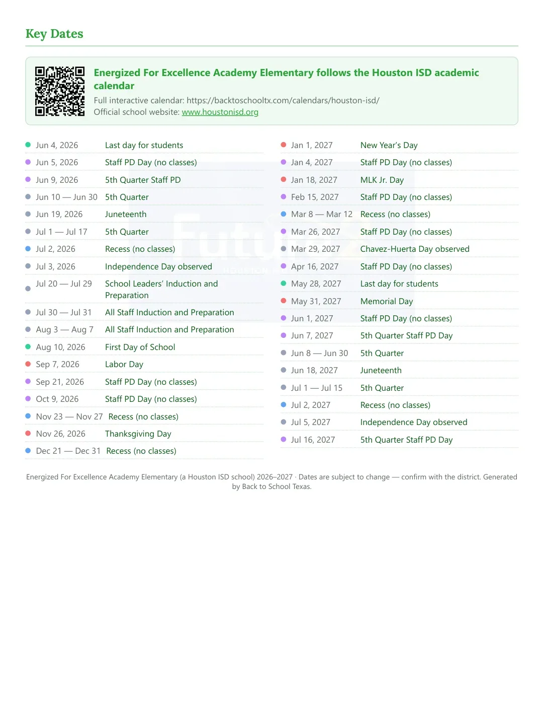 Energized For Excellence Academy Elementary Calendar for the Year 26-27 — key dates