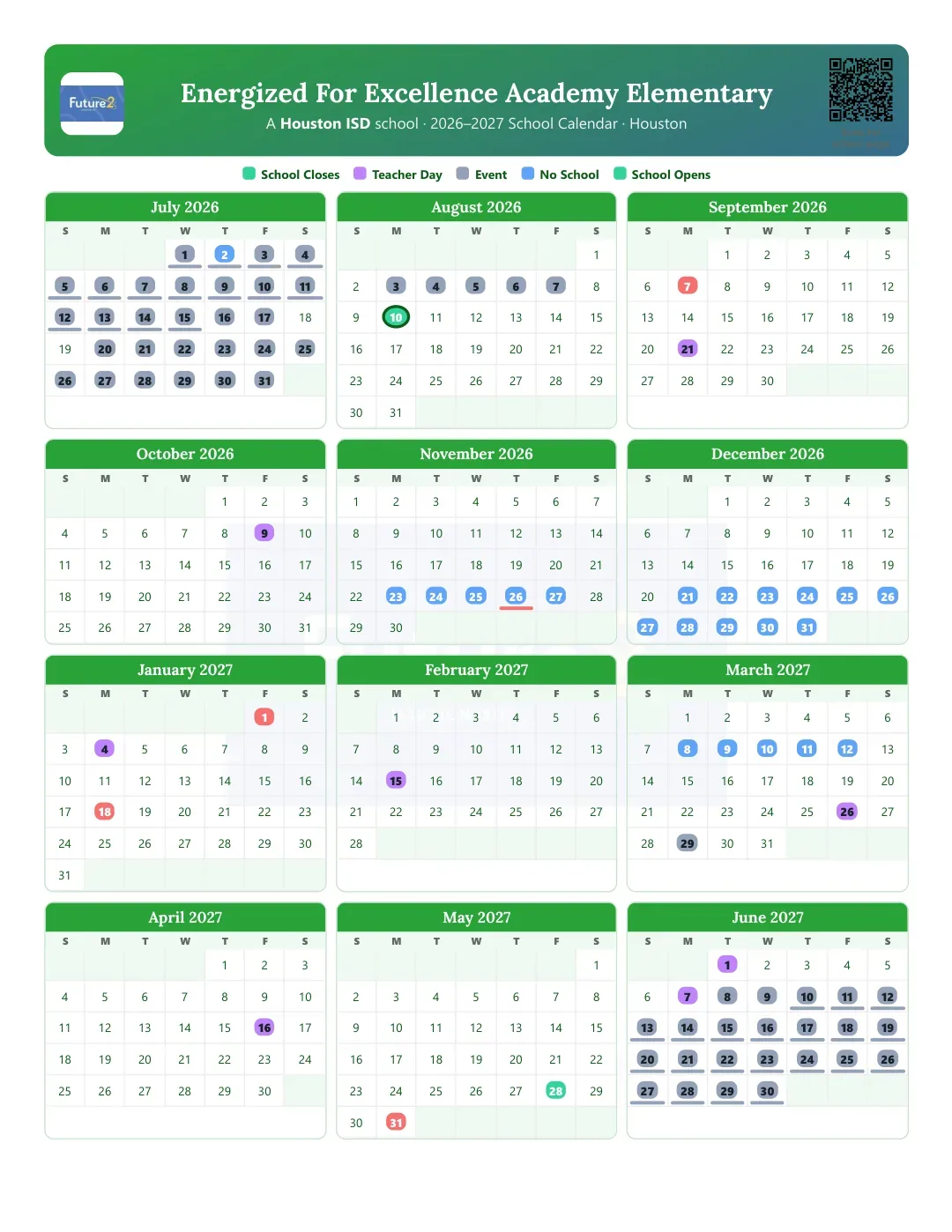 Energized For Excellence Academy Elementary Calendar for the Year 26-27