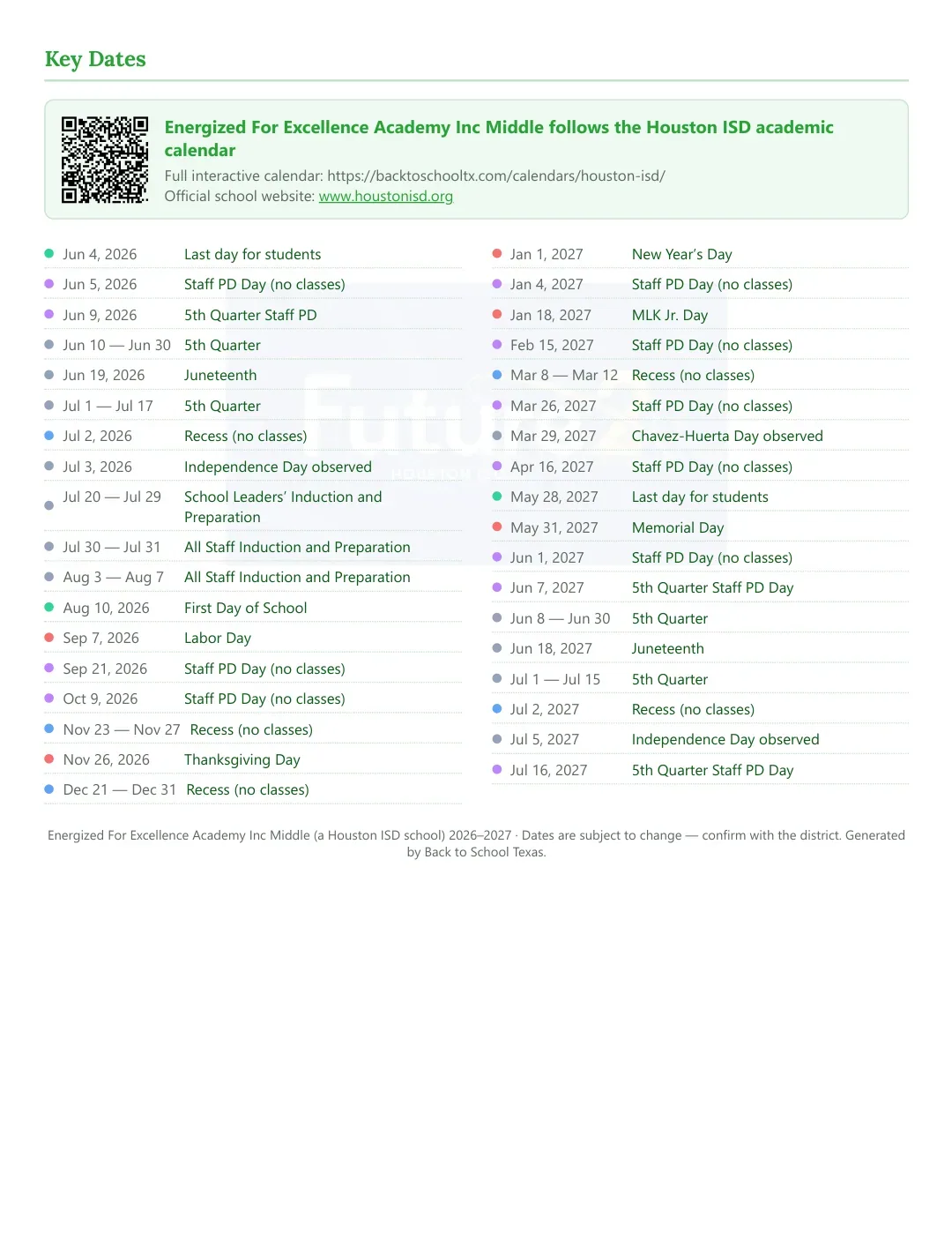 Energized For Excellence Academy Inc Middle Calendar for the Year 26-27 — key dates