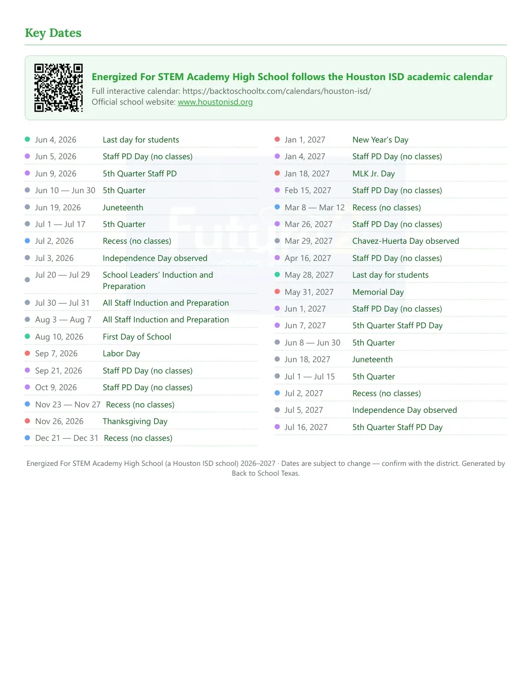 Energized For STEM Academy High School Calendar for the Year 26-27 — key dates