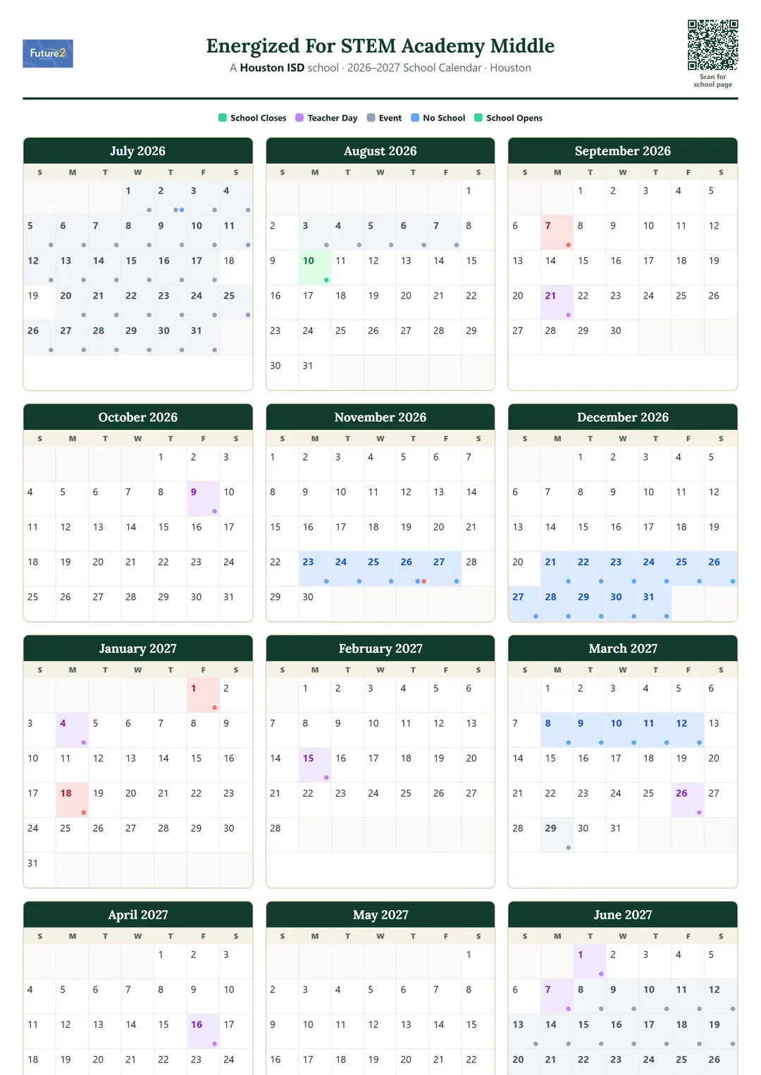 Energized For STEM Academy Middle printable 2026–2027 calendar