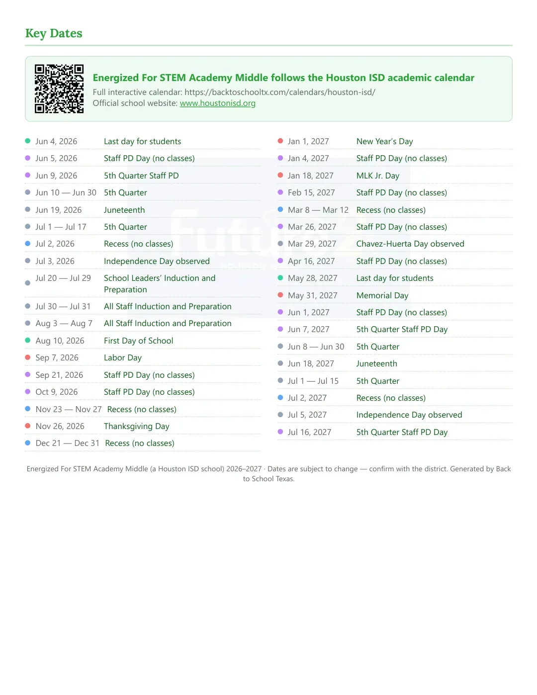 Energized For STEM Academy Middle Calendar for the Year 26-27 — key dates