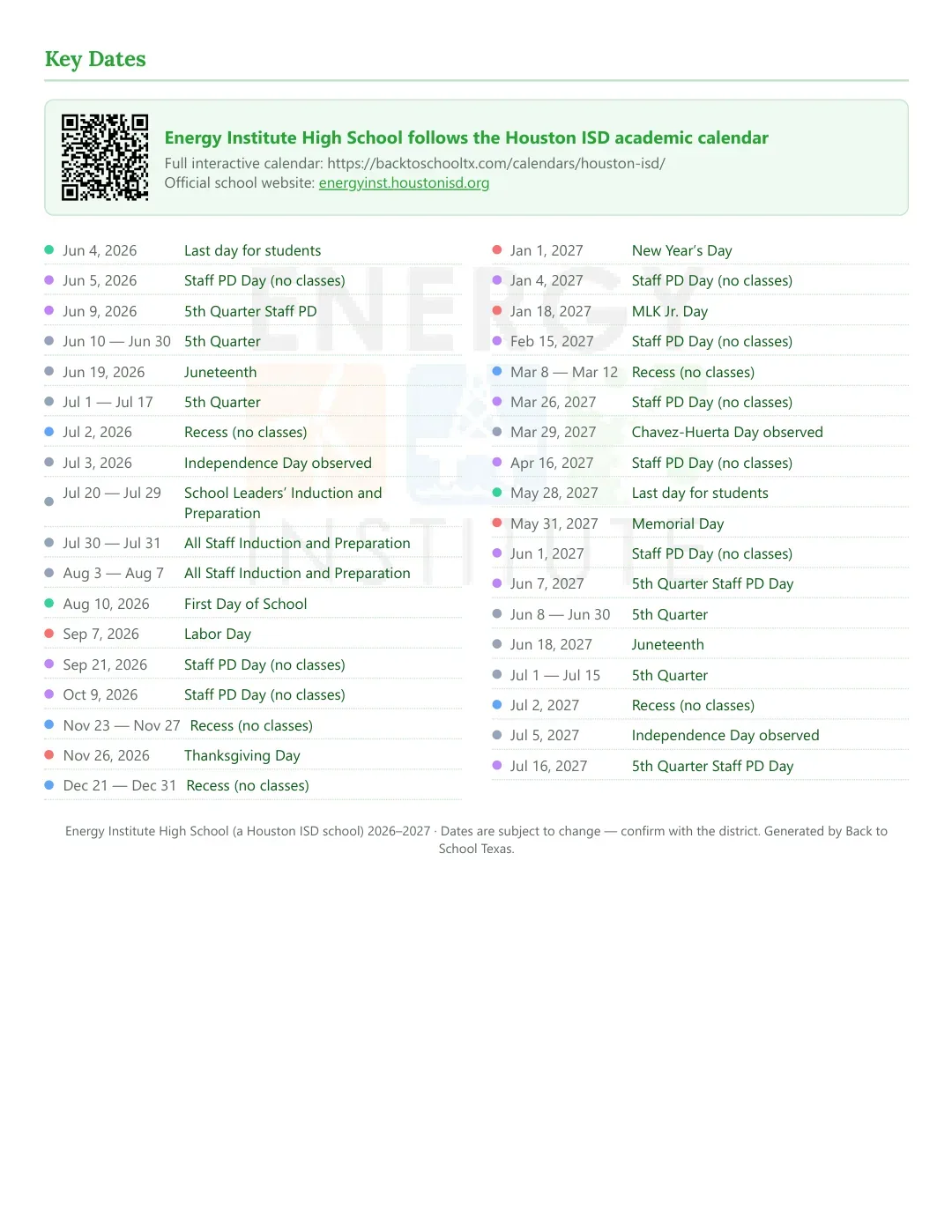 Energy Institute High School Calendar for the Year 26-27 — key dates