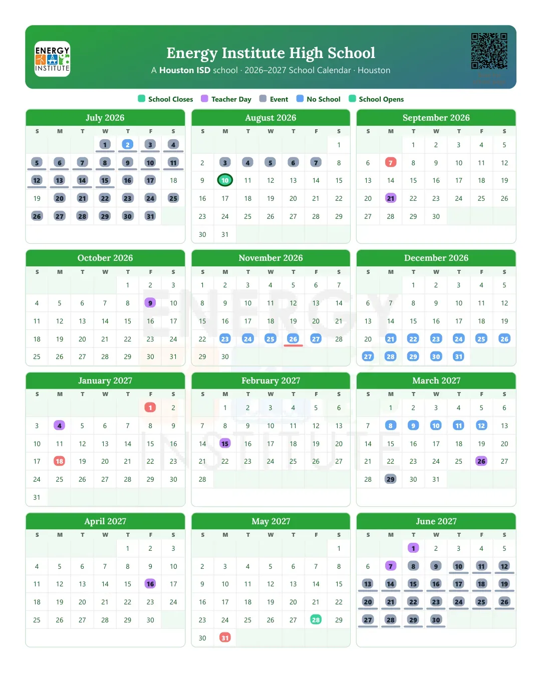 Energy Institute High School Calendar for the Year 26-27