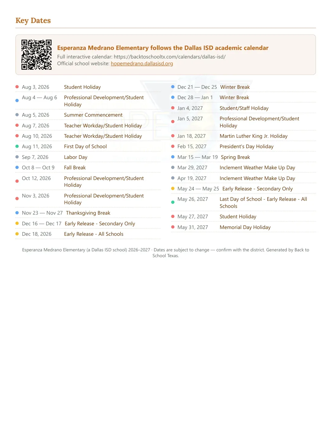 Esperanza Medrano Elementary Calendar for the Year 26-27 — key dates