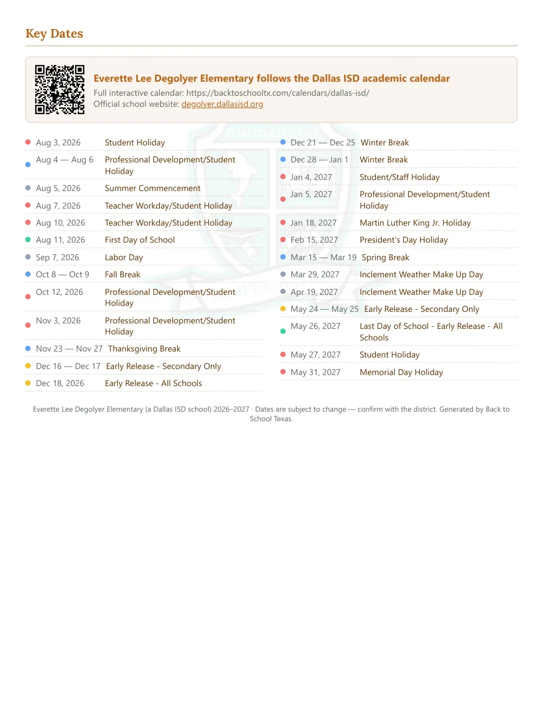 Everette Lee Degolyer Elementary Calendar for the Year 26-27 — key dates