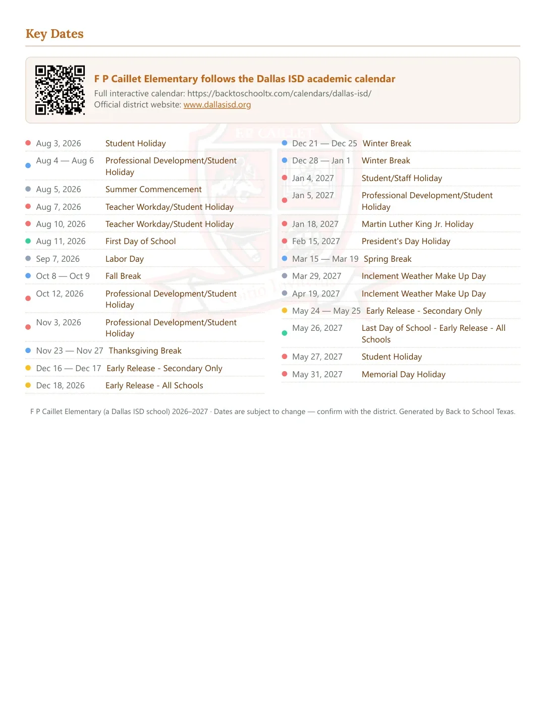F P Caillet Elementary Calendar for the Year 26-27 — key dates