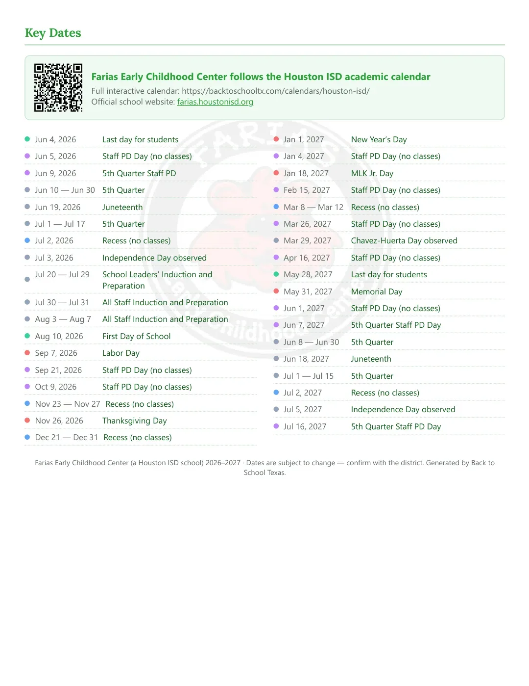 Farias Early Childhood Center Calendar for the Year 26-27 — key dates