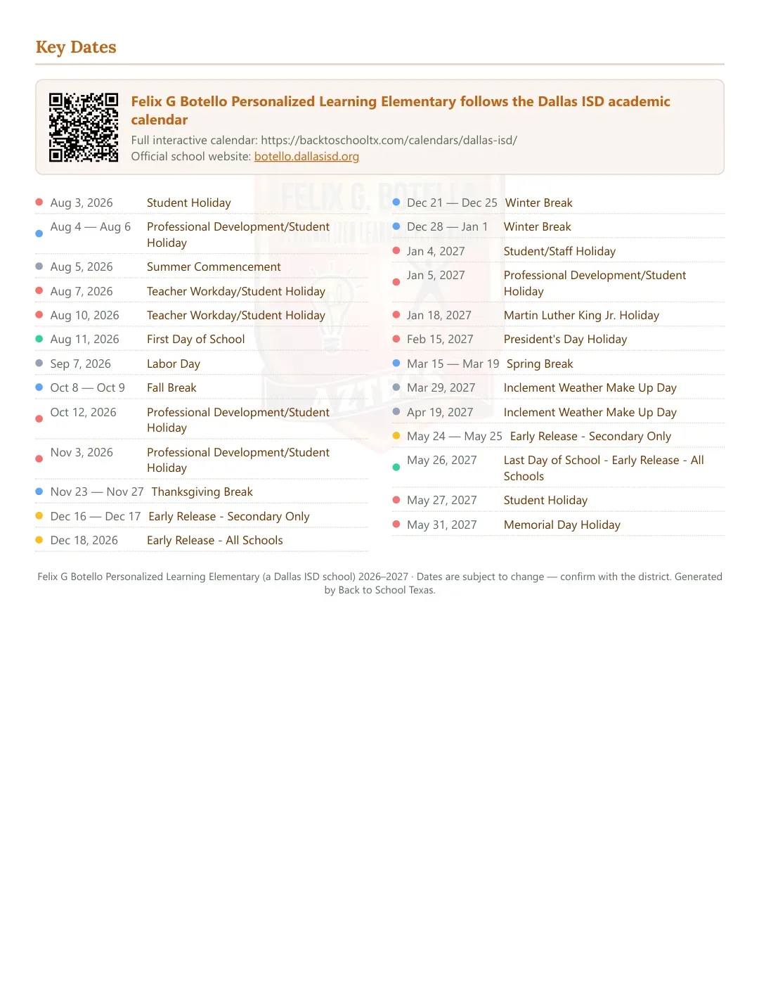 Felix G Botello Personalized Learning Elementary Calendar for the Year 26-27 — key dates