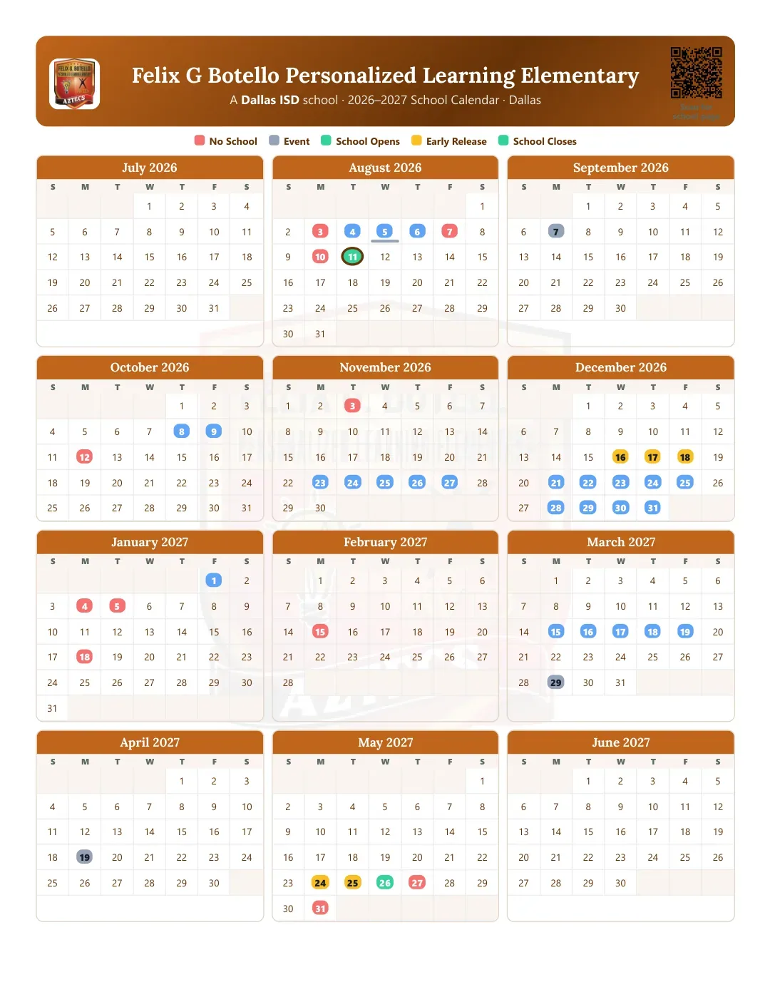 Felix G Botello Personalized Learning Elementary Calendar for the Year 26-27