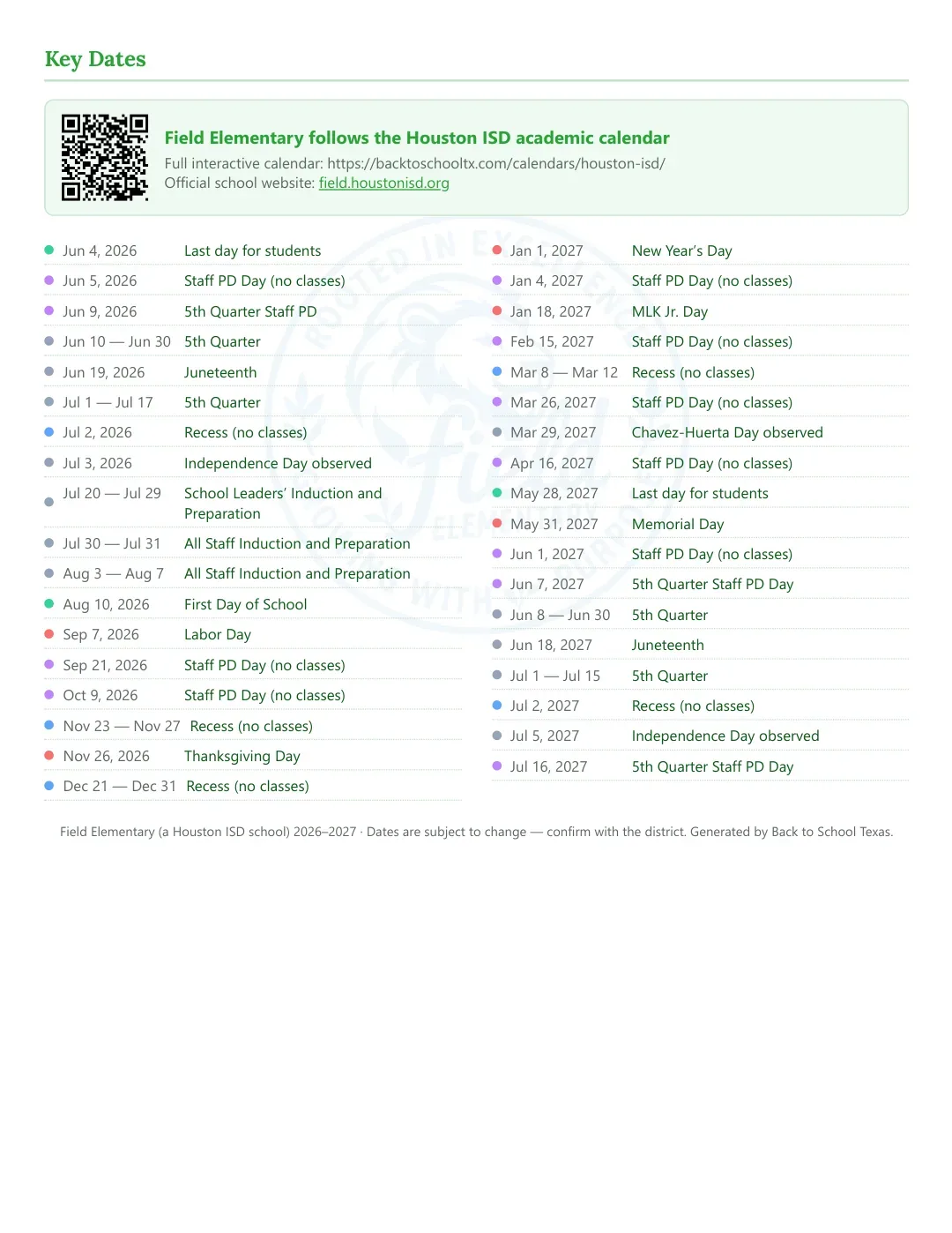 Field Elementary Calendar for the Year 26-27 — key dates