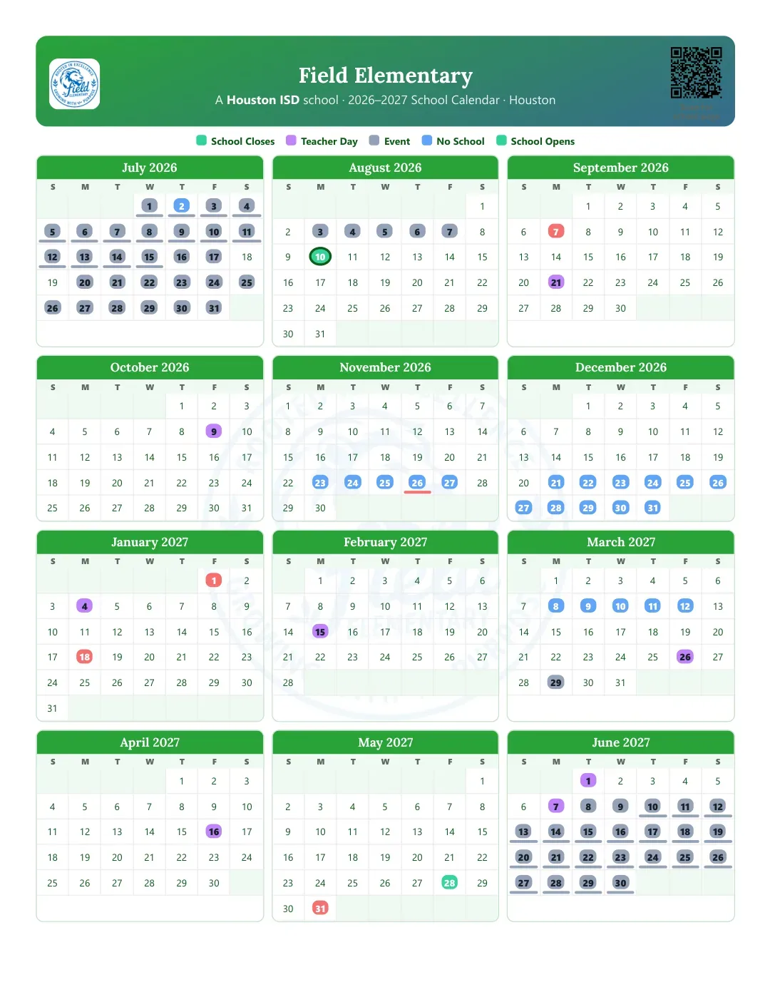 Field Elementary Calendar for the Year 26-27