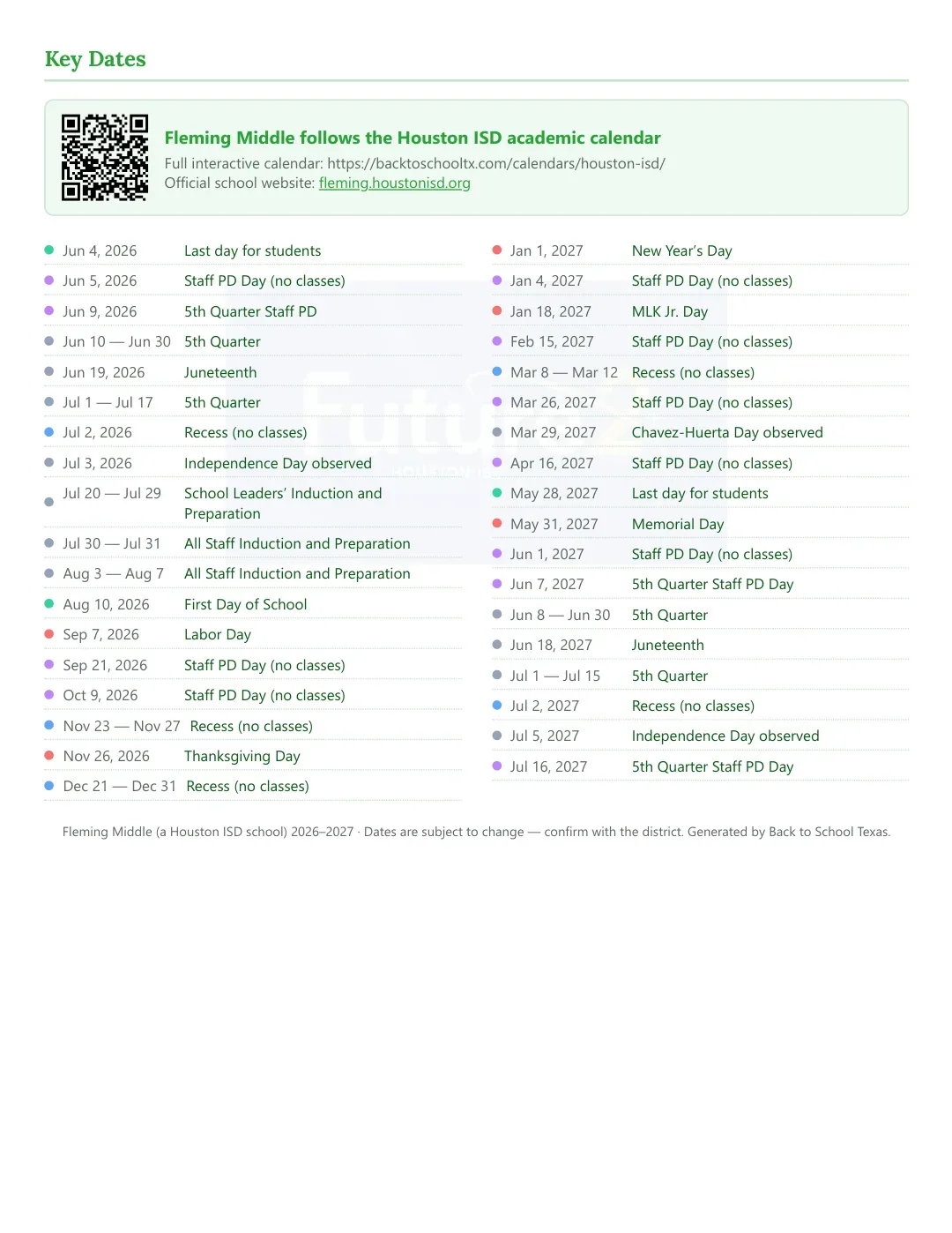 Fleming Middle Calendar for the Year 26-27 — key dates