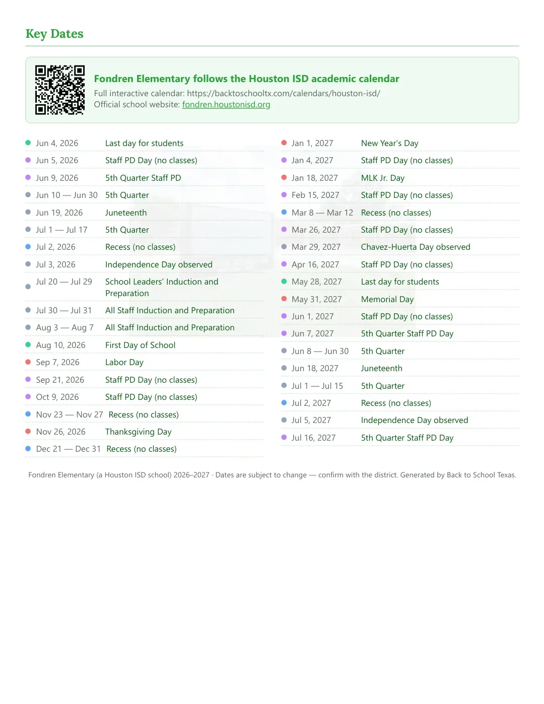 Fondren Elementary Calendar for the Year 26-27 — key dates