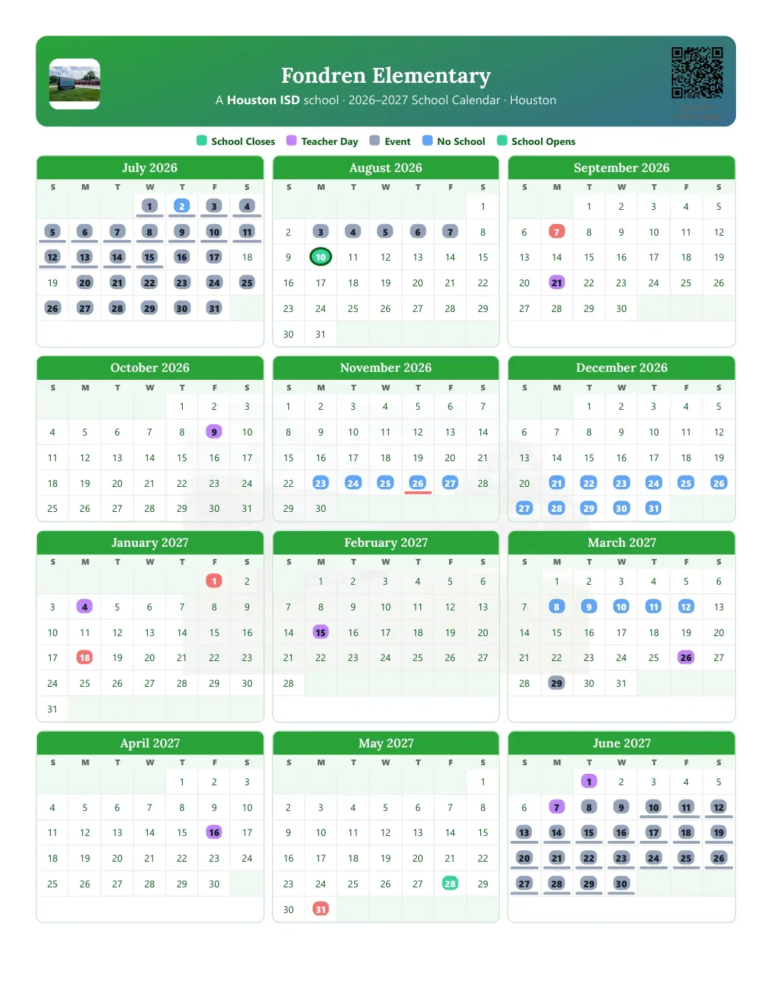 Fondren Elementary Calendar for the Year 26-27