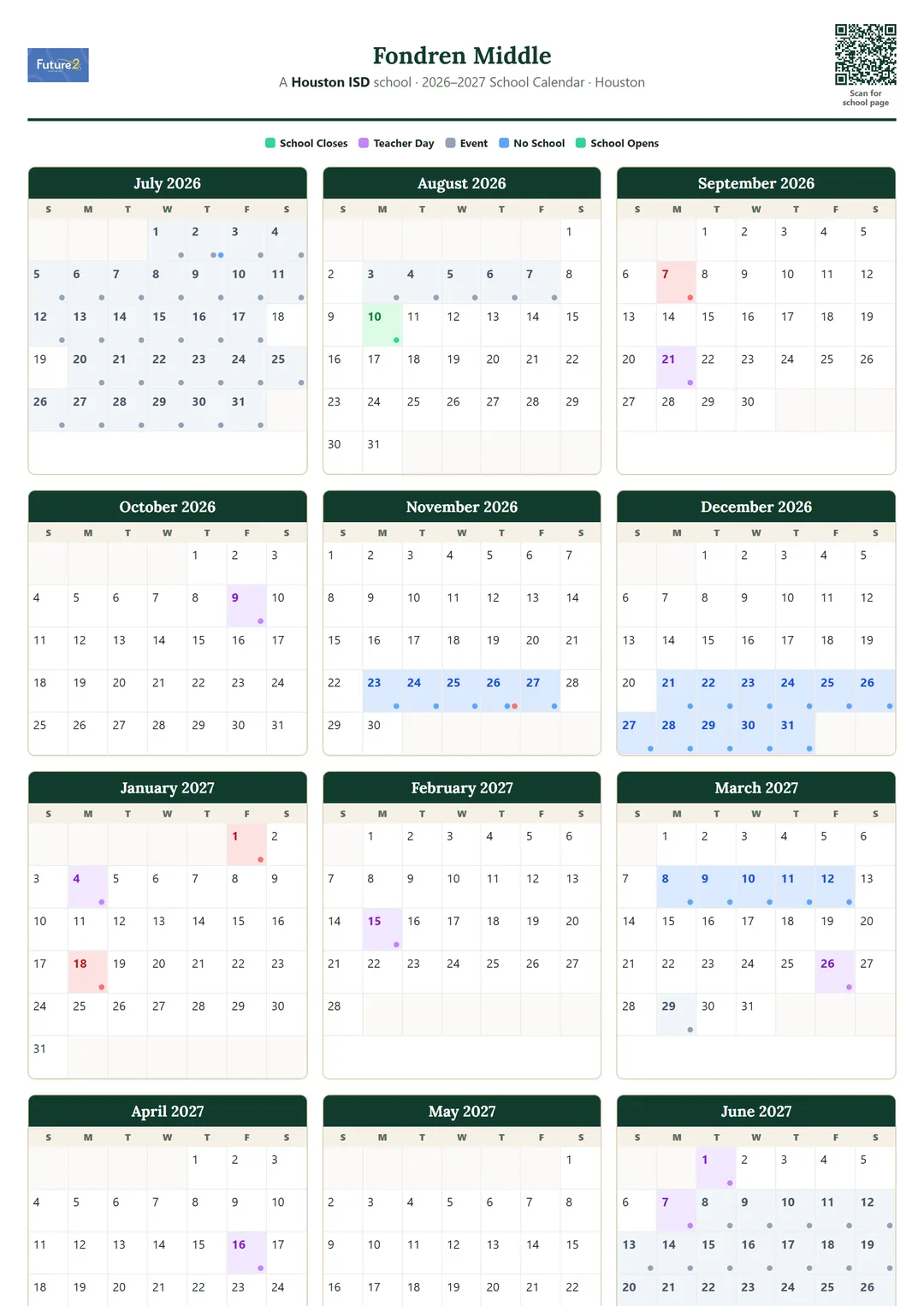 Fondren Middle printable 2026–2027 calendar