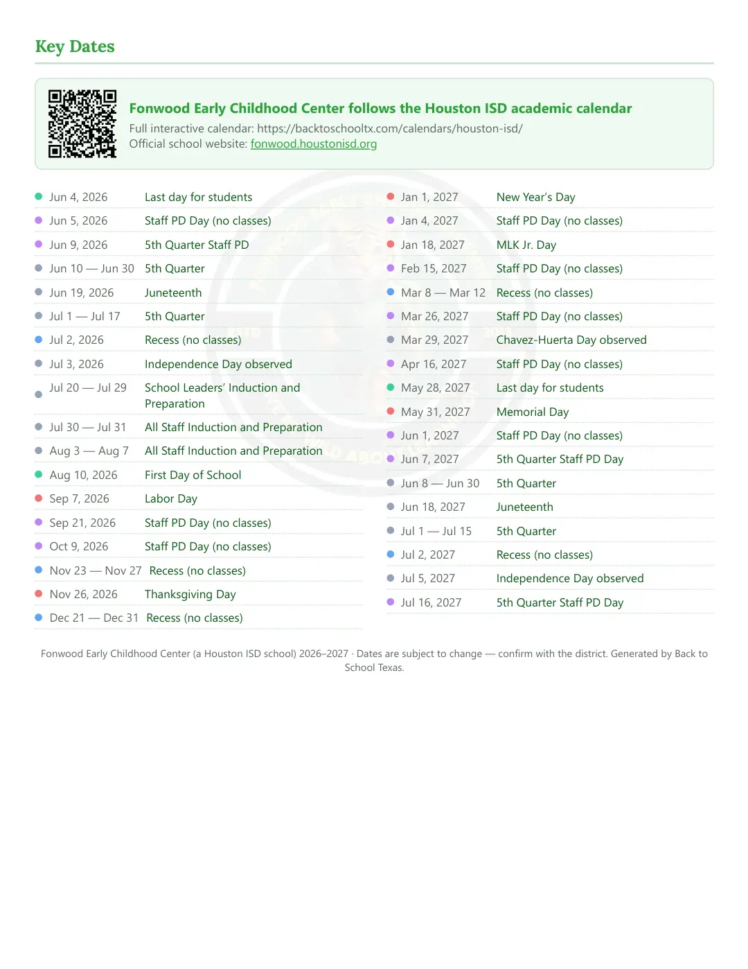 Fonwood Early Childhood Center Calendar for the Year 26-27 — key dates