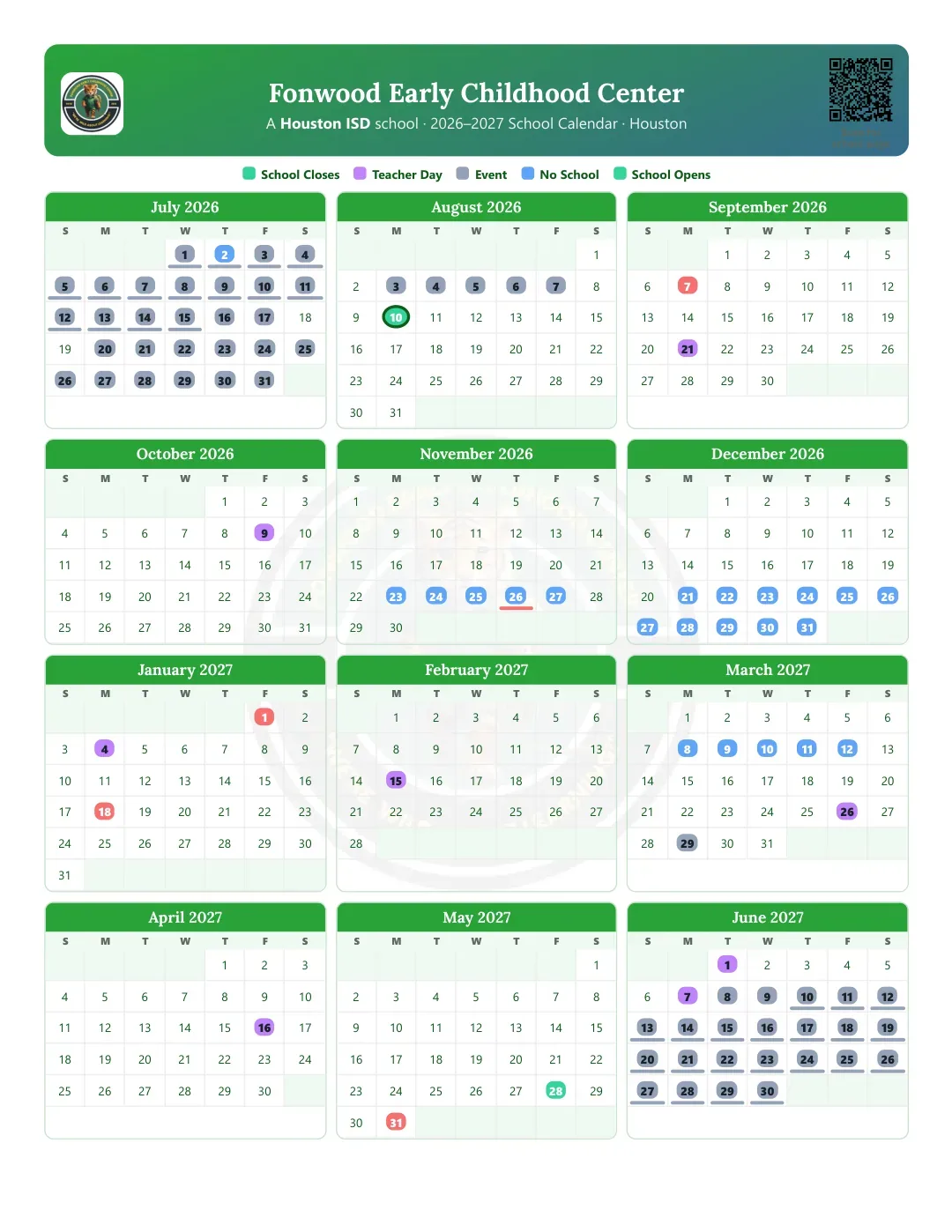 Fonwood Early Childhood Center Calendar for the Year 26-27