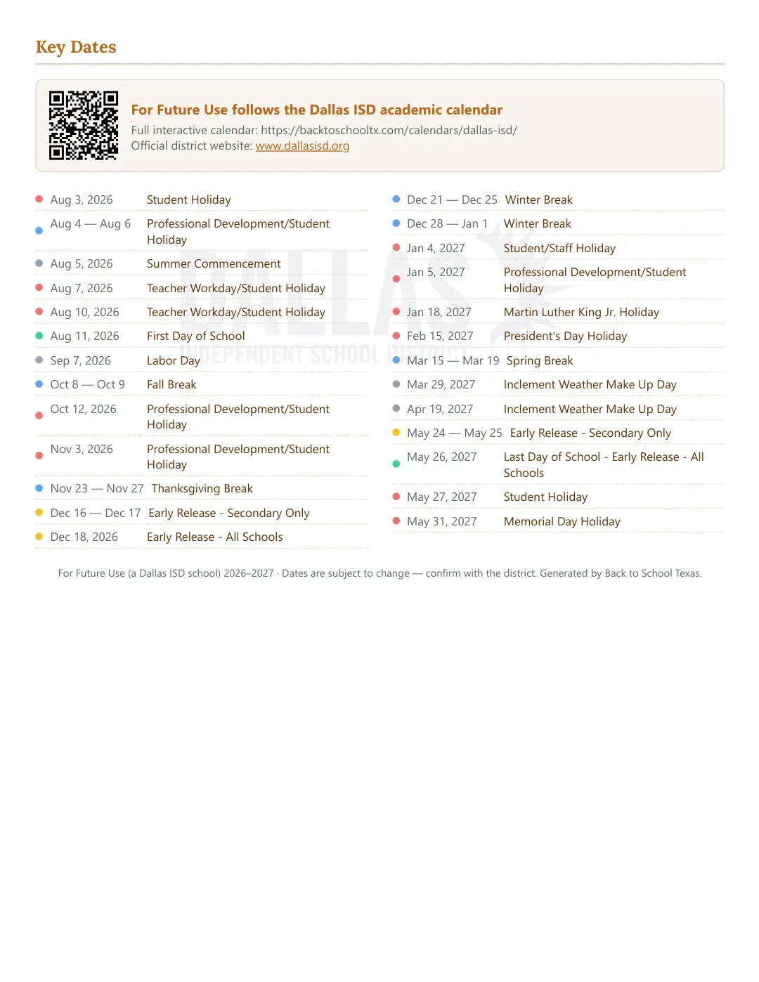 For Future Use Calendar for the Year 26-27 — key dates