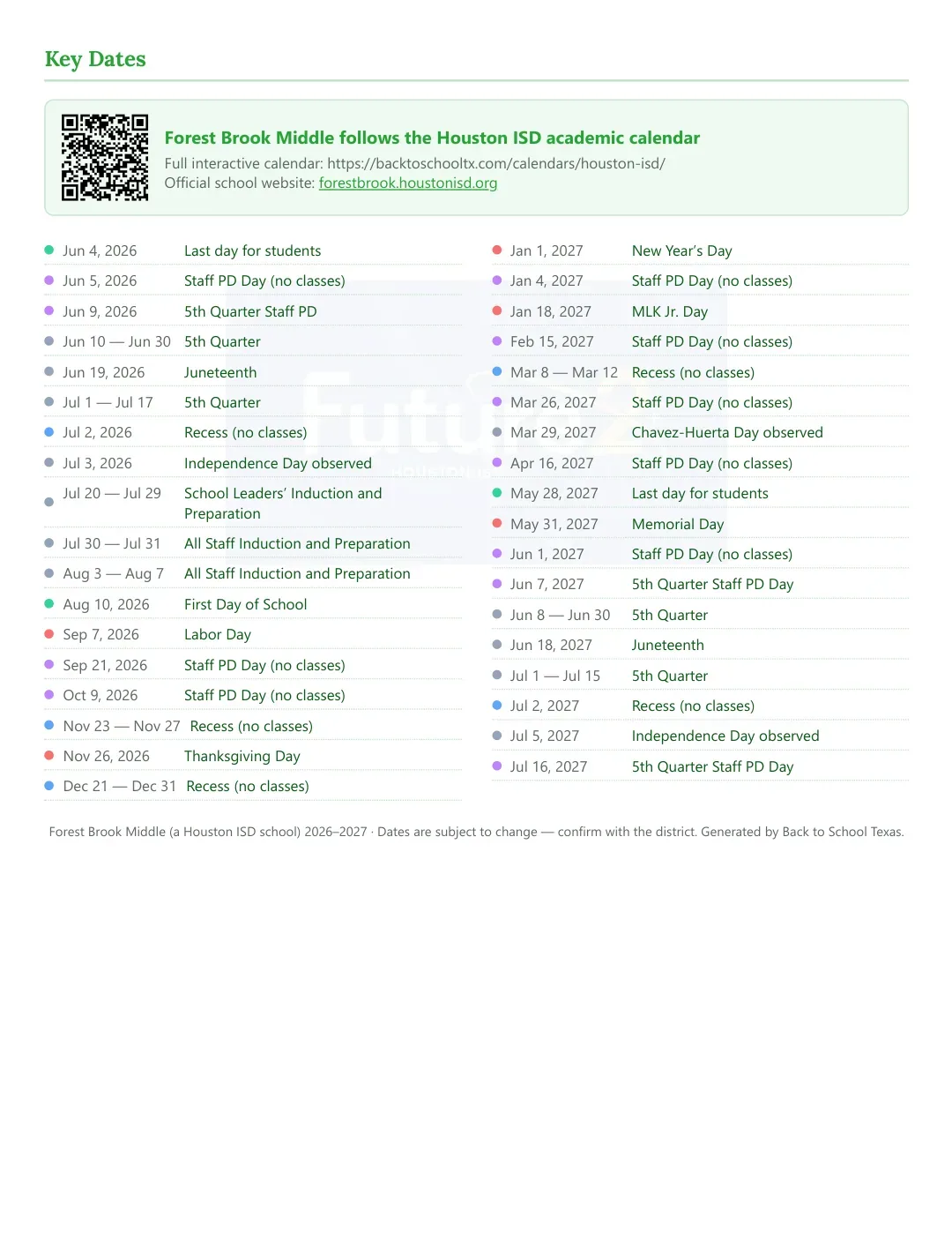Forest Brook Middle Calendar for the Year 26-27 — key dates