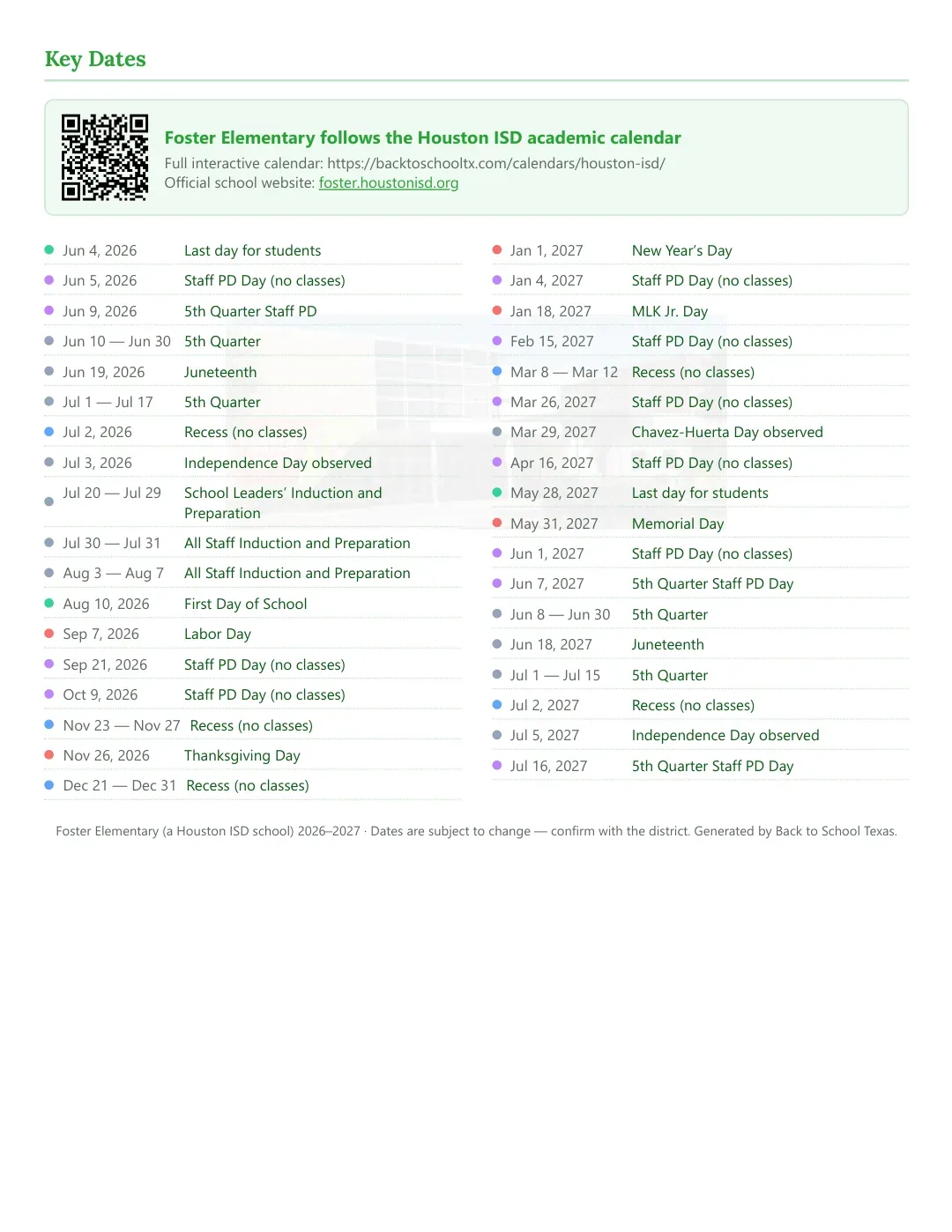 Foster Elementary Calendar for the Year 26-27 — key dates