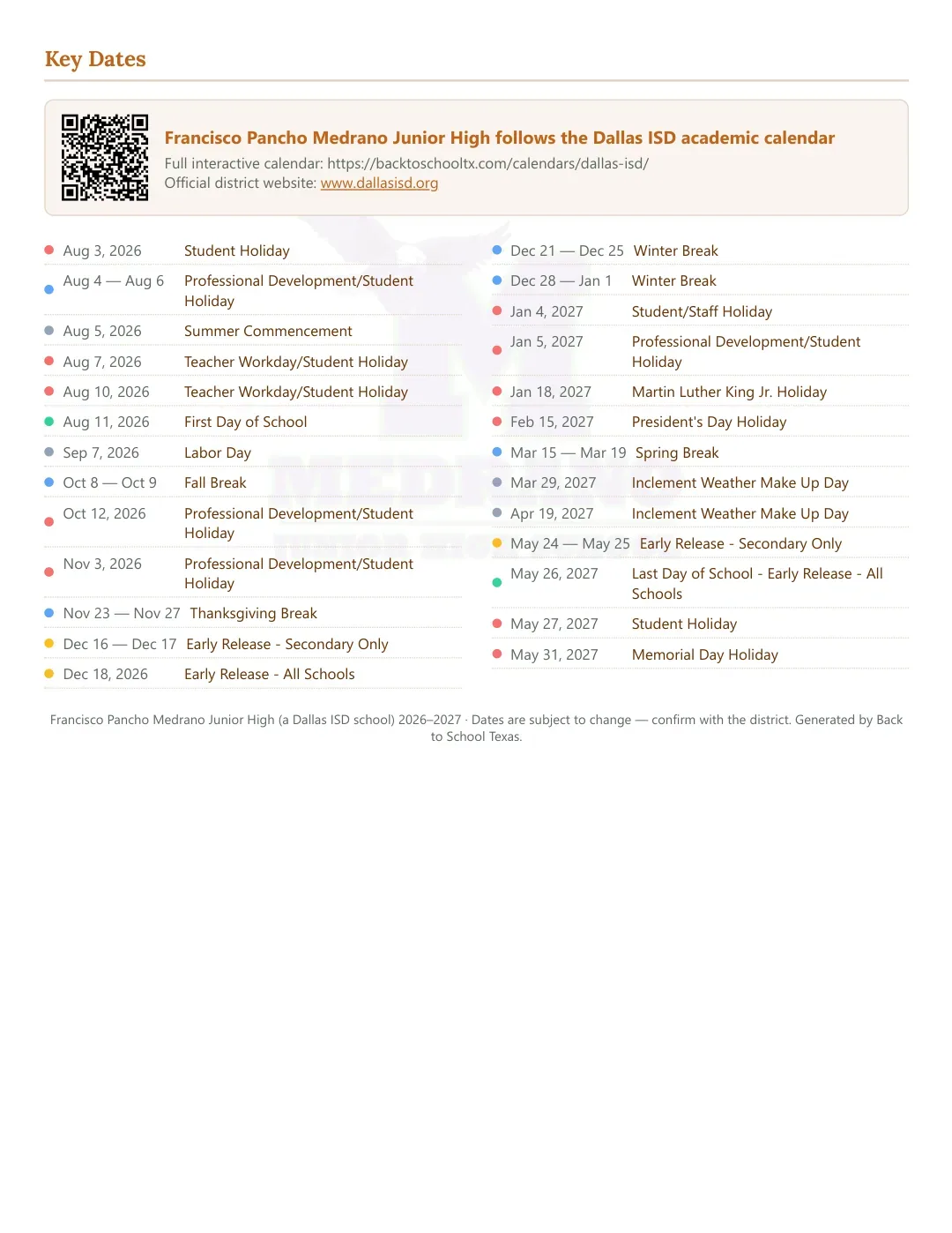 Francisco Pancho Medrano Junior High Calendar for the Year 26-27 — key dates