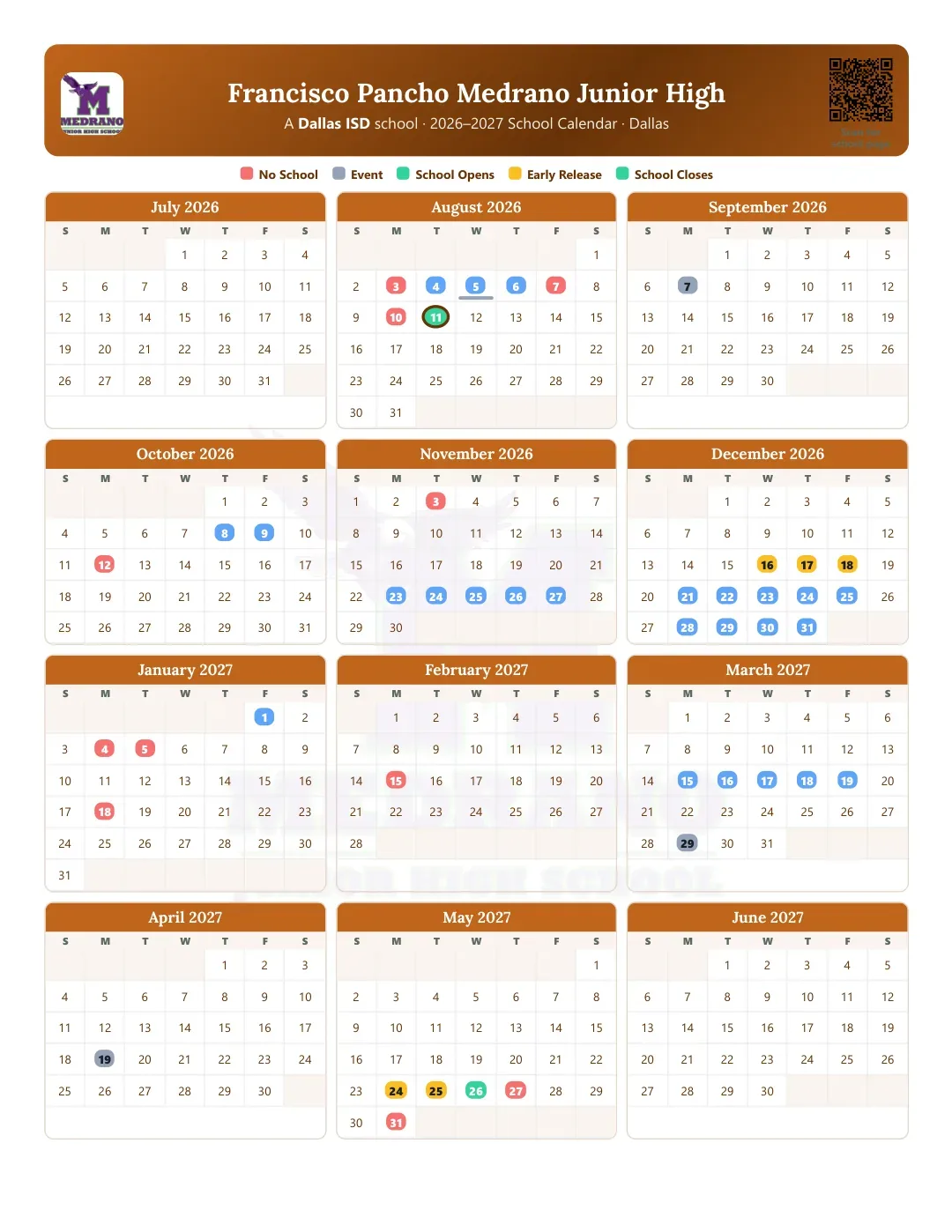 Francisco Pancho Medrano Junior High Calendar for the Year 26-27
