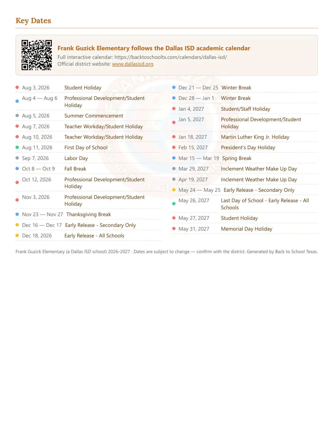 Frank Guzick Elementary Calendar for the Year 26-27 — key dates