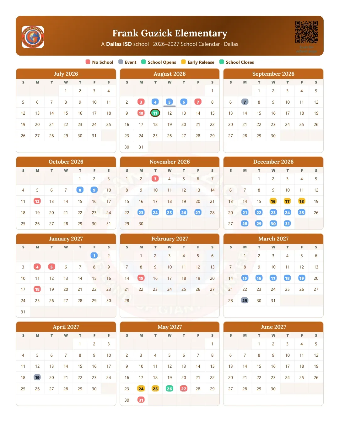 Frank Guzick Elementary Calendar for the Year 26-27