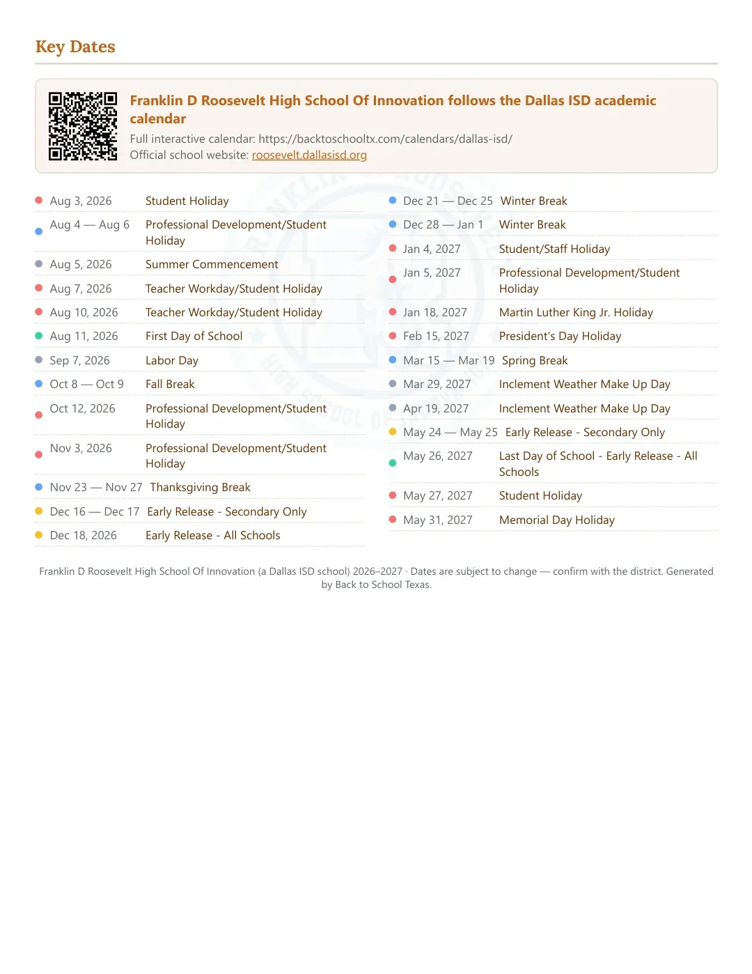 Franklin D Roosevelt High School Of Innovation Calendar for the Year 26-27 — key dates