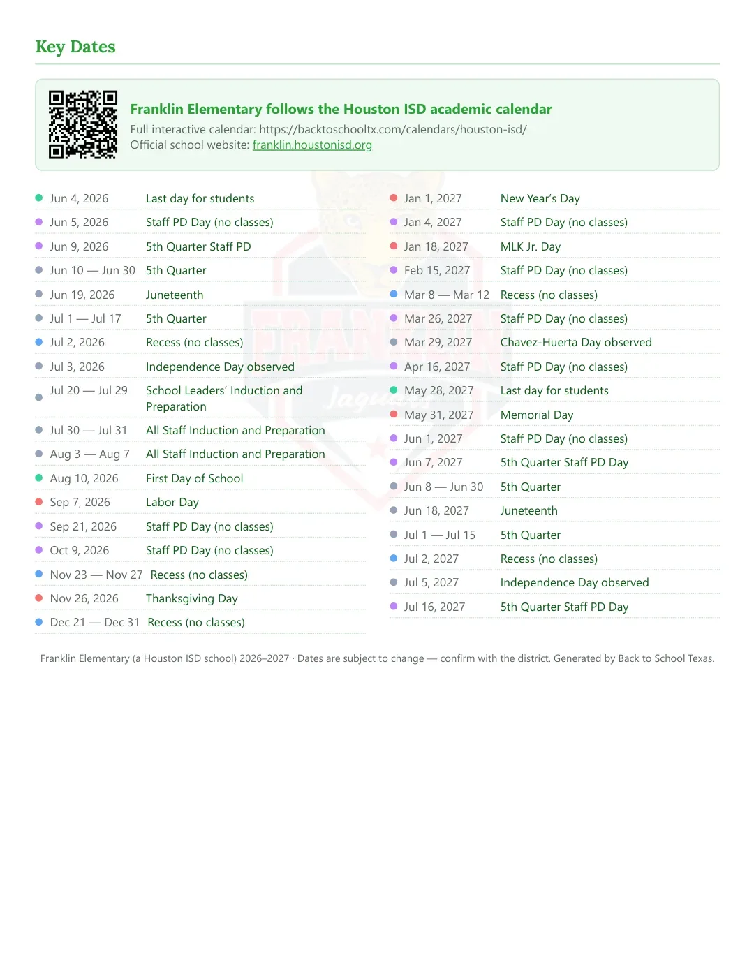 Franklin Elementary Calendar for the Year 26-27 — key dates
